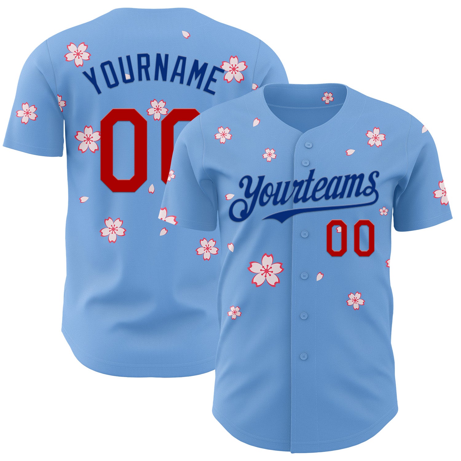 Custom Light Blue Red-Royal Cherry Blossoms Sakura Authentic Baseball Jersey