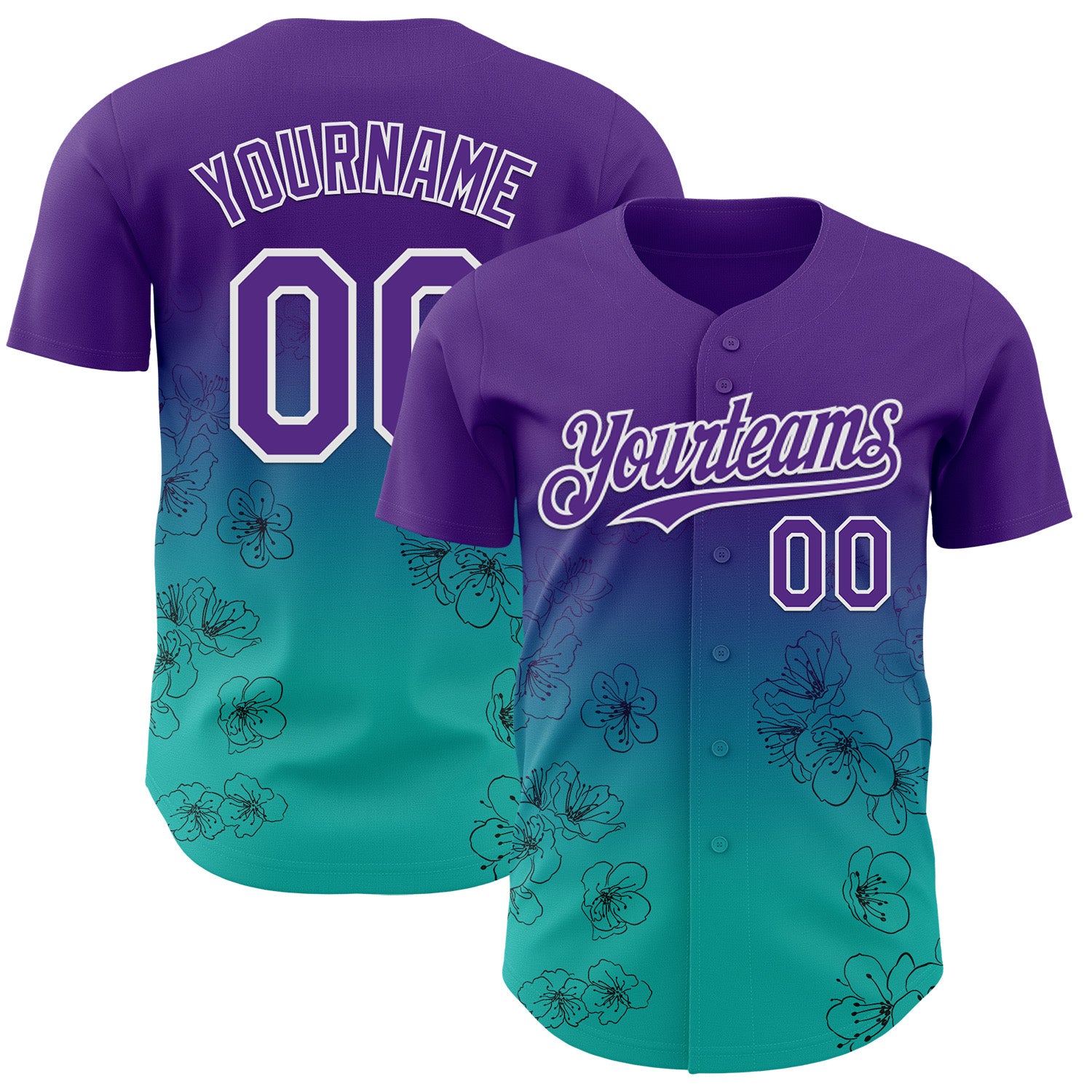 Custom Purple Aqua-White Cherry Blossoms Sakura Gradient Authentic Baseball Jersey