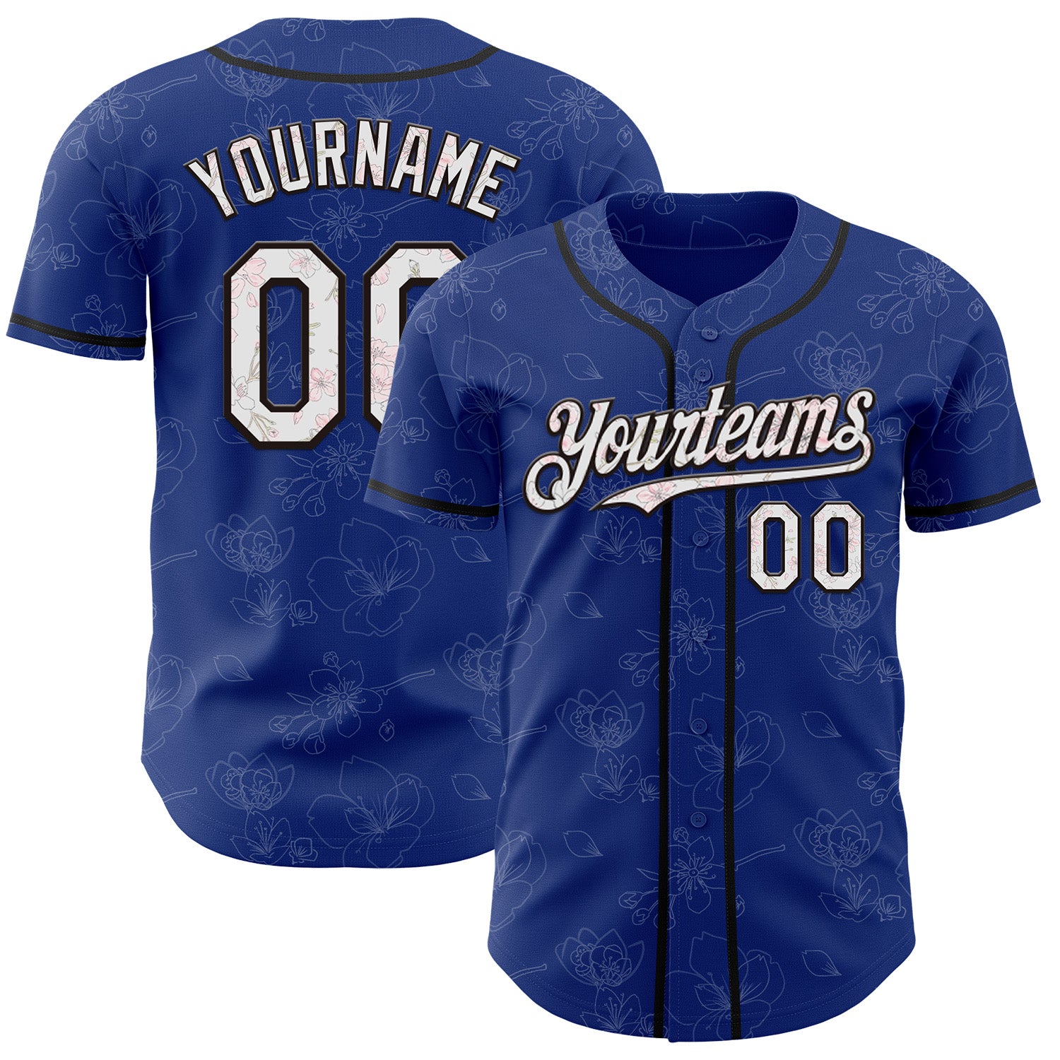 Custom Royal White-Black Cherry Blossoms Sakura Authentic Baseball Jersey
