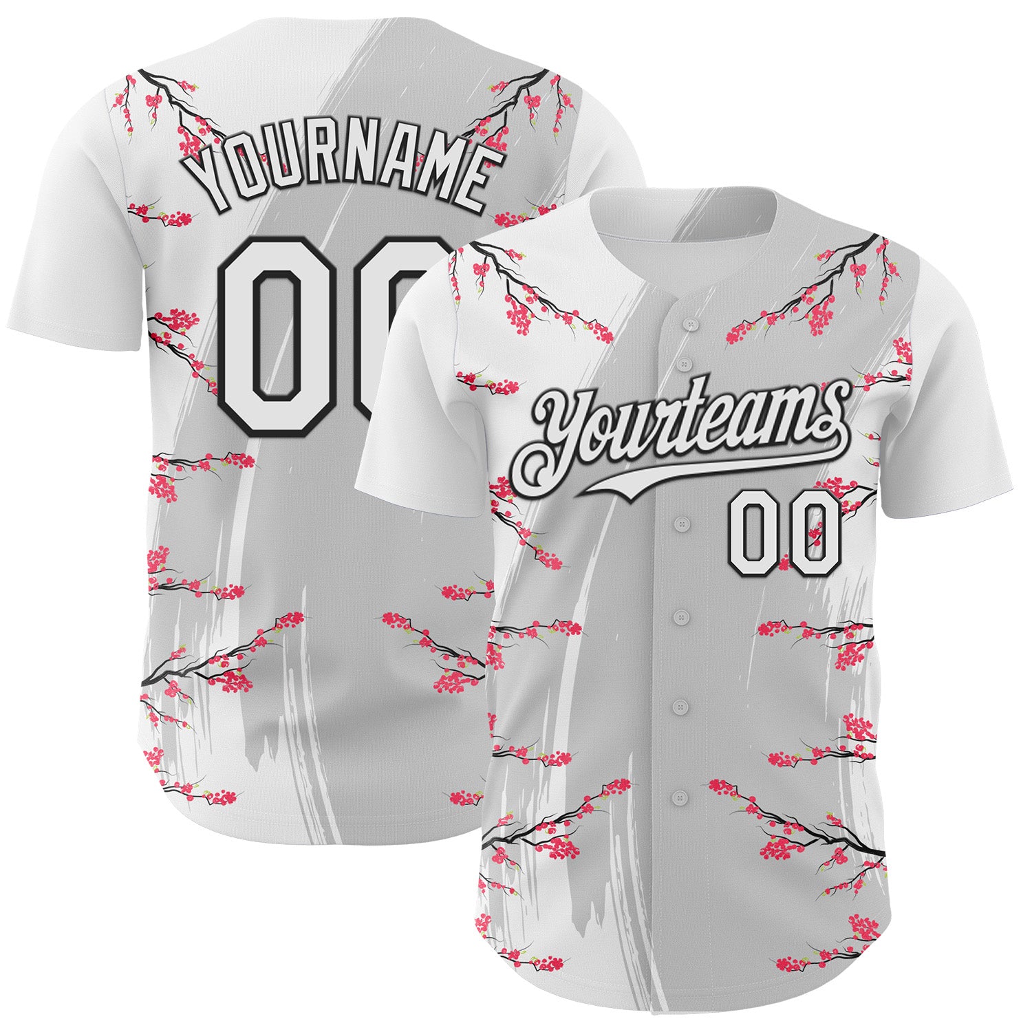 Custom White Gray-Black Cherry Blossoms Sakura Authentic Baseball Jersey