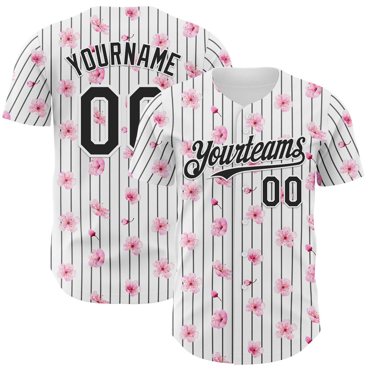 Custom White Pinstripe-Black Cherry Blossoms Sakura Authentic Baseball Jersey