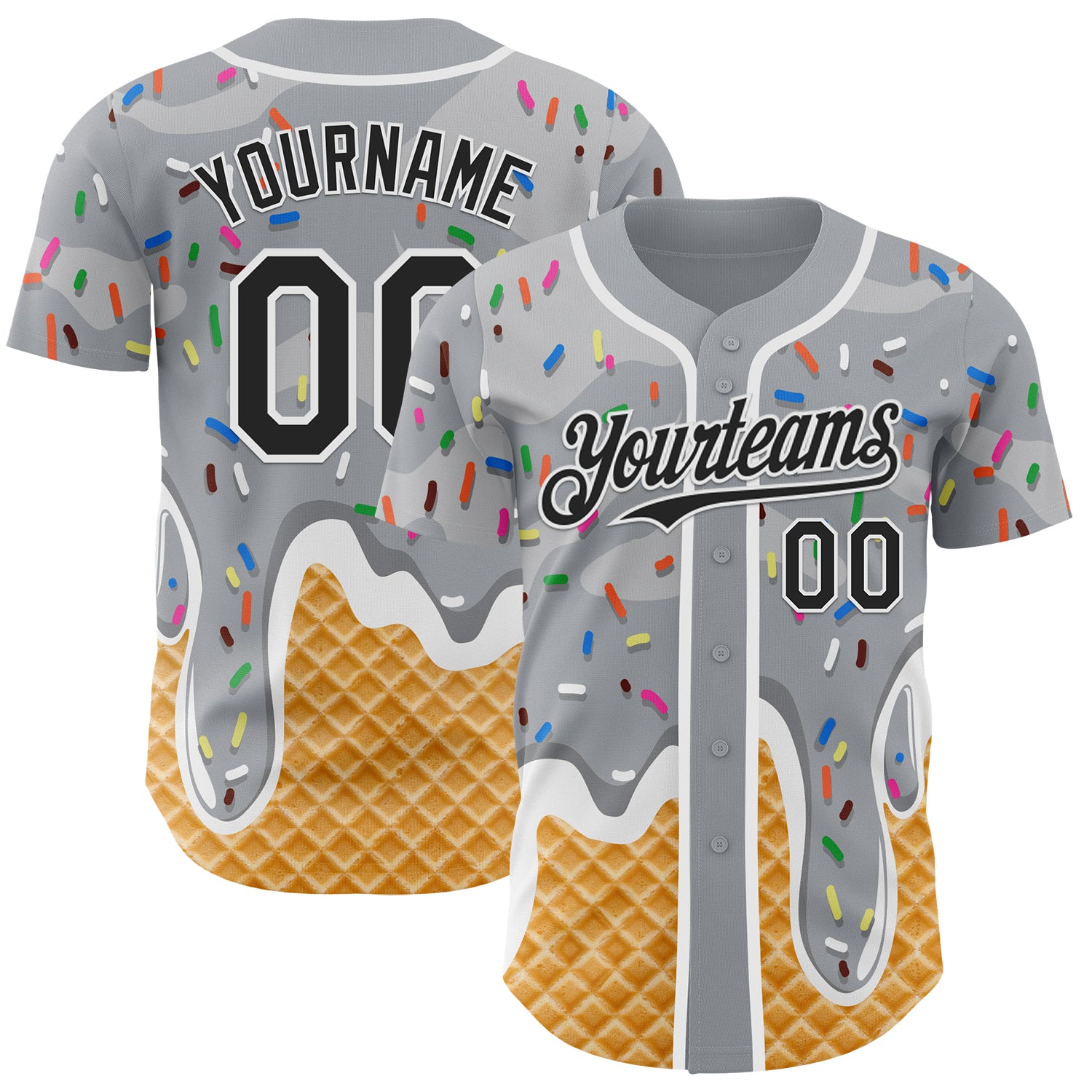 Custom Gray Black-White Ice Cream Waffle Foodie Dessert Authentic Baseball Jersey