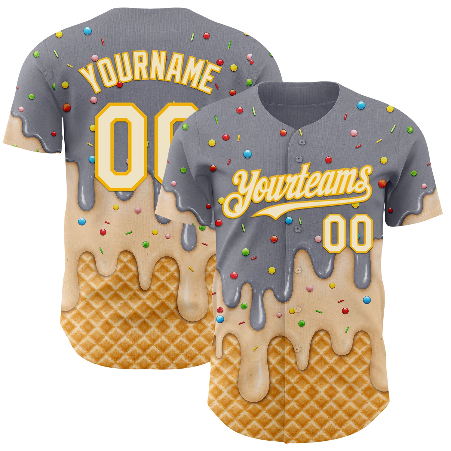 Custom Gray Cream-Gold Ice Cream Waffle Foodie Dessert Authentic Baseball Jersey