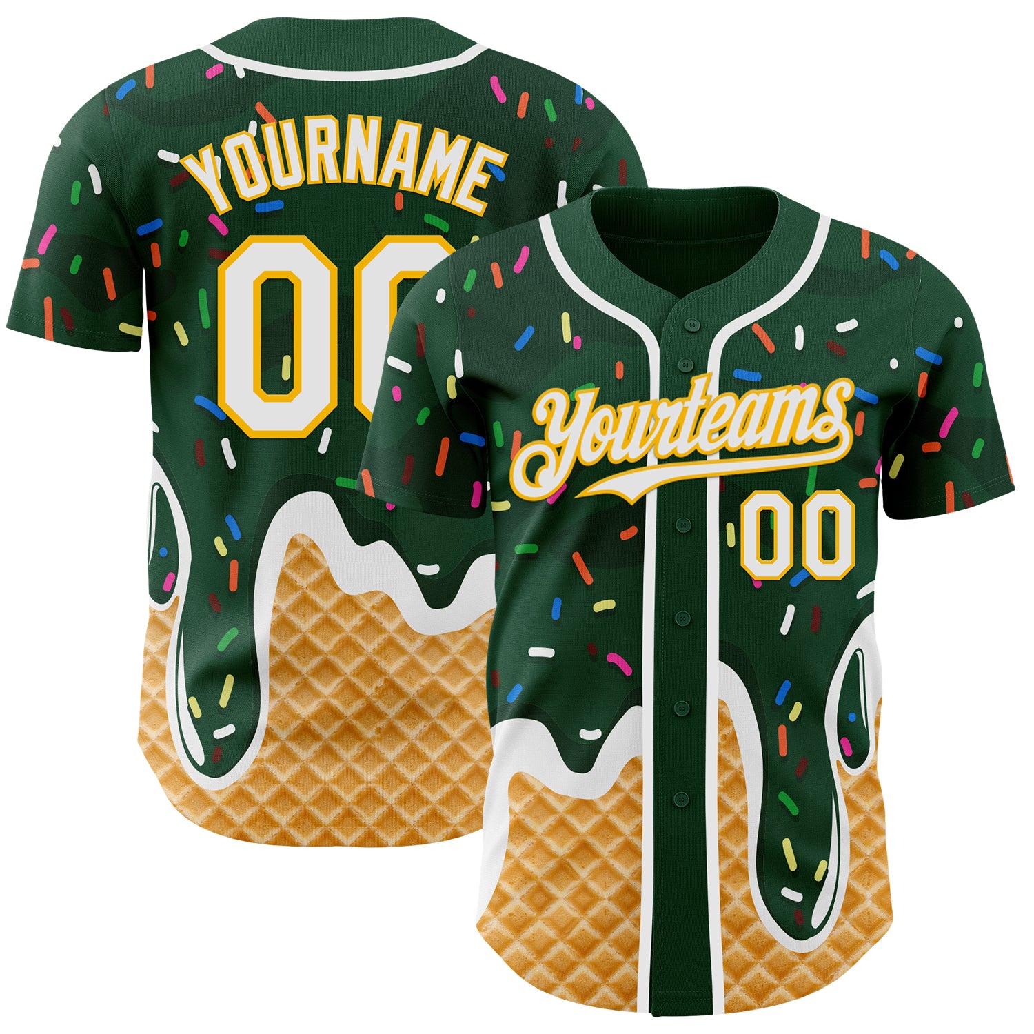 Custom Green White-Gold Ice Cream Waffle Foodie Dessert Authentic Baseball Jersey
