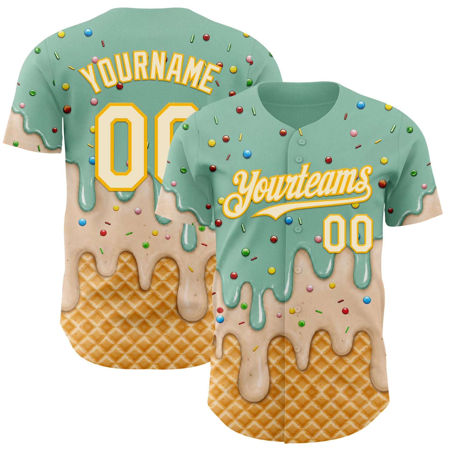 Custom Ice Blue Cream-Gold Ice Cream Waffle Foodie Dessert Authentic Baseball Jersey