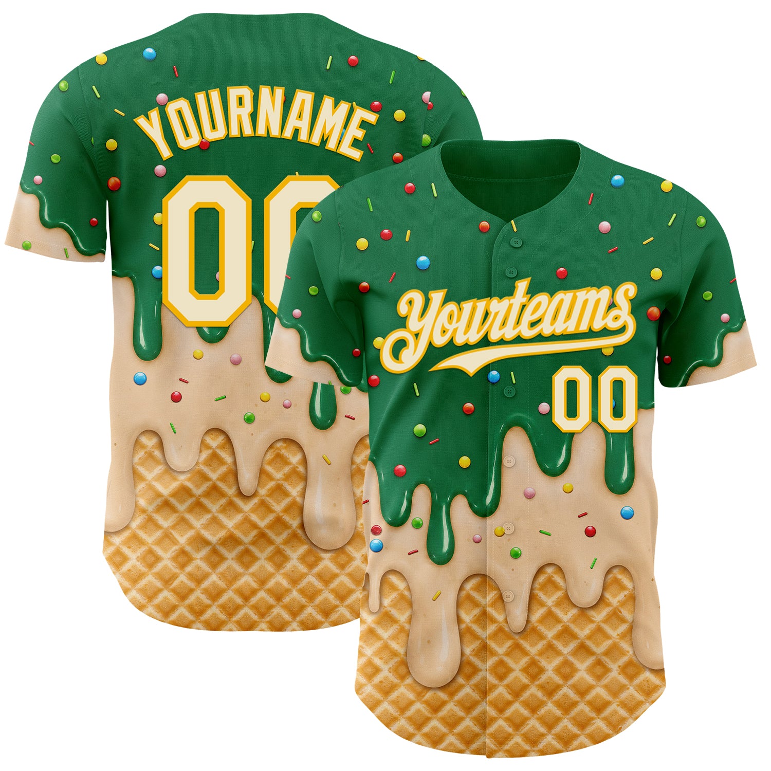 Custom Kelly Green Cream-Gold Ice Cream Waffle Foodie Dessert Authentic Baseball Jersey