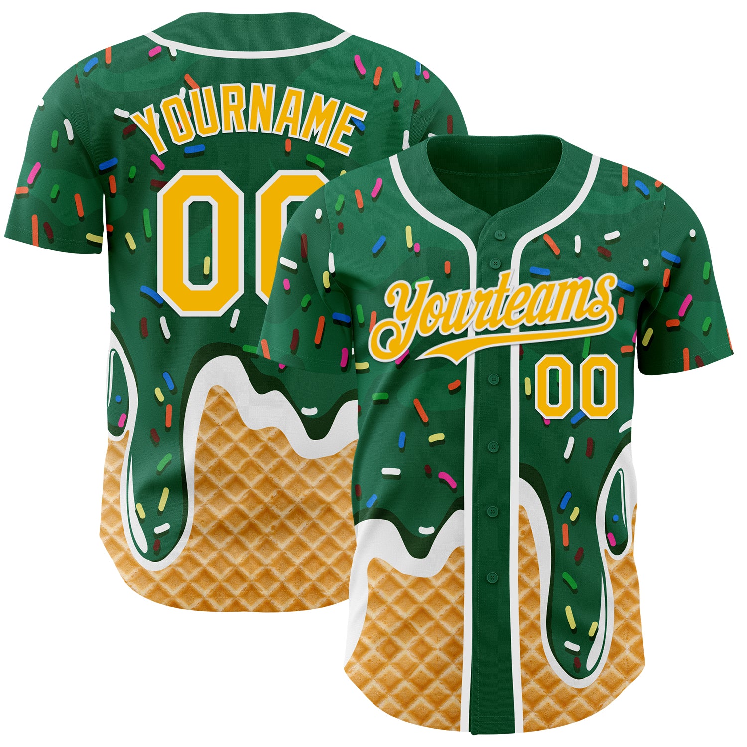Custom Kelly Green Gold-White Ice Cream Waffle Foodie Dessert Authentic Baseball Jersey