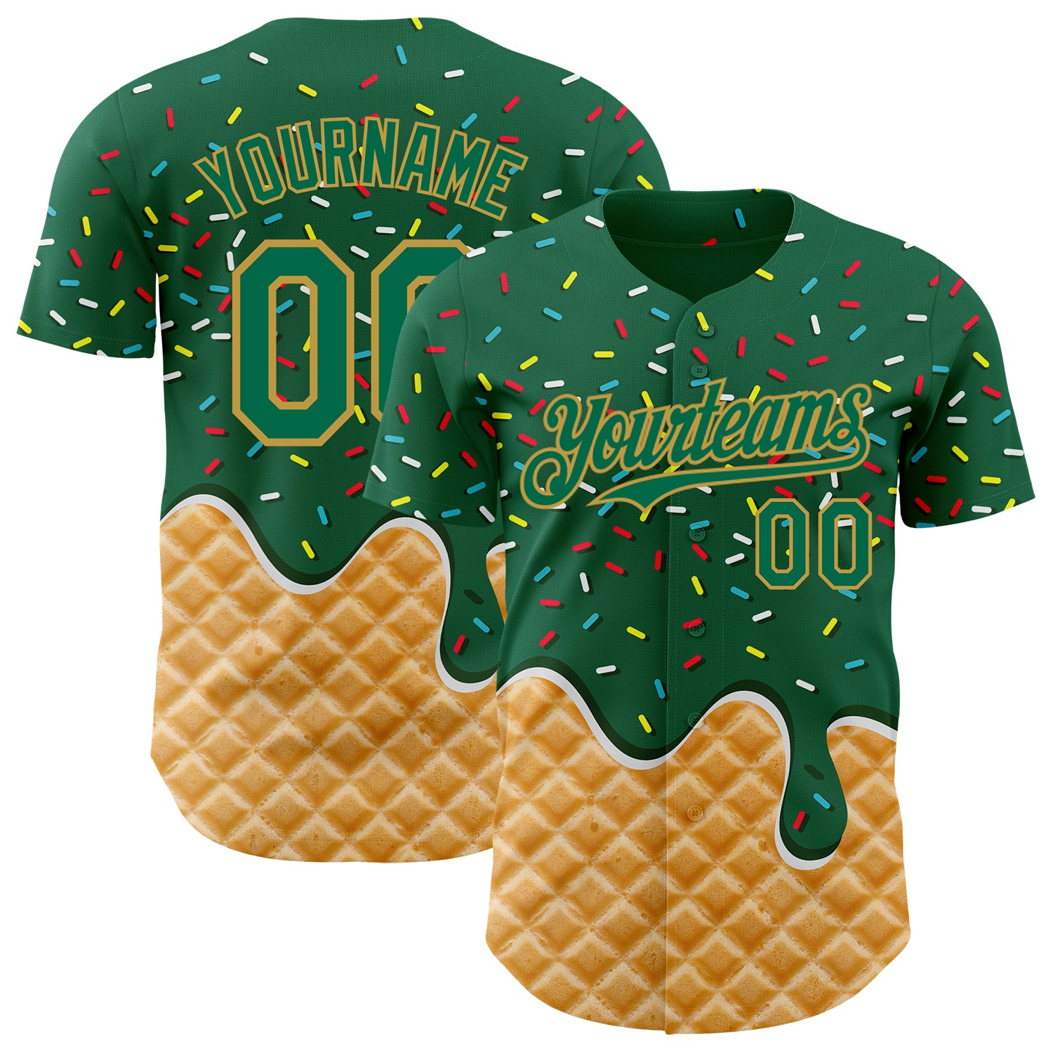 Custom Kelly Green-Old Gold Ice Cream Waffle Foodie Dessert Authentic Baseball Jersey