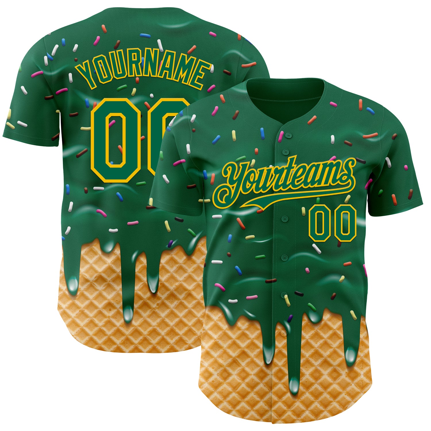 Custom Kelly Green-Yellow Ice Cream Waffle Foodie Dessert Authentic Baseball Jersey