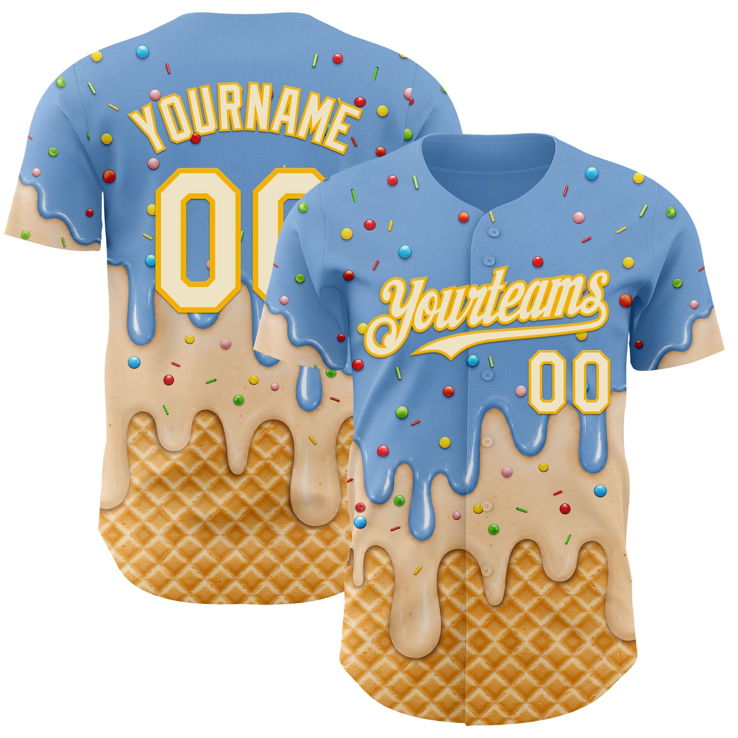 Custom Light Blue Cream-Gold Ice Cream Waffle Foodie Dessert Authentic Baseball Jersey