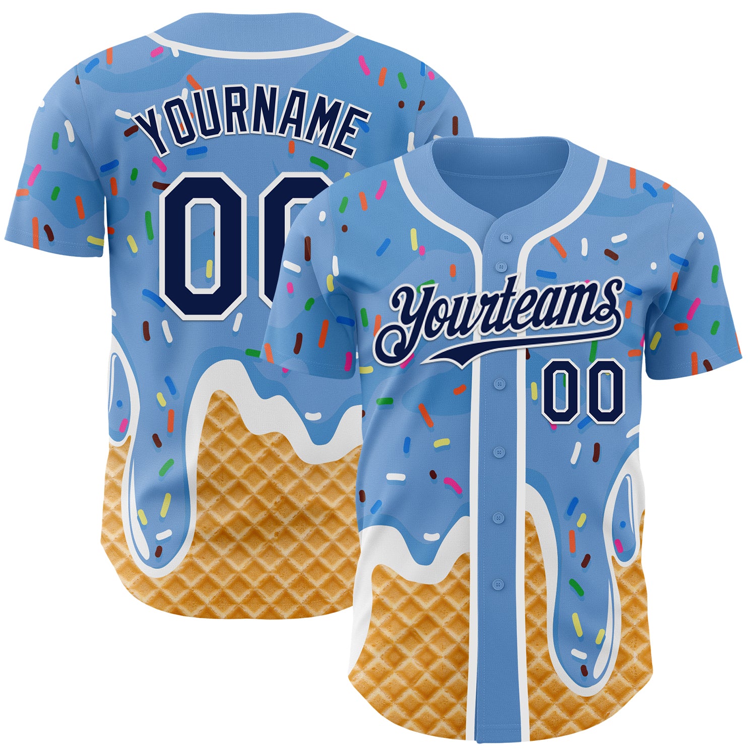 Custom Light Blue Navy-White Ice Cream Waffle Foodie Dessert Authentic Baseball Jersey
