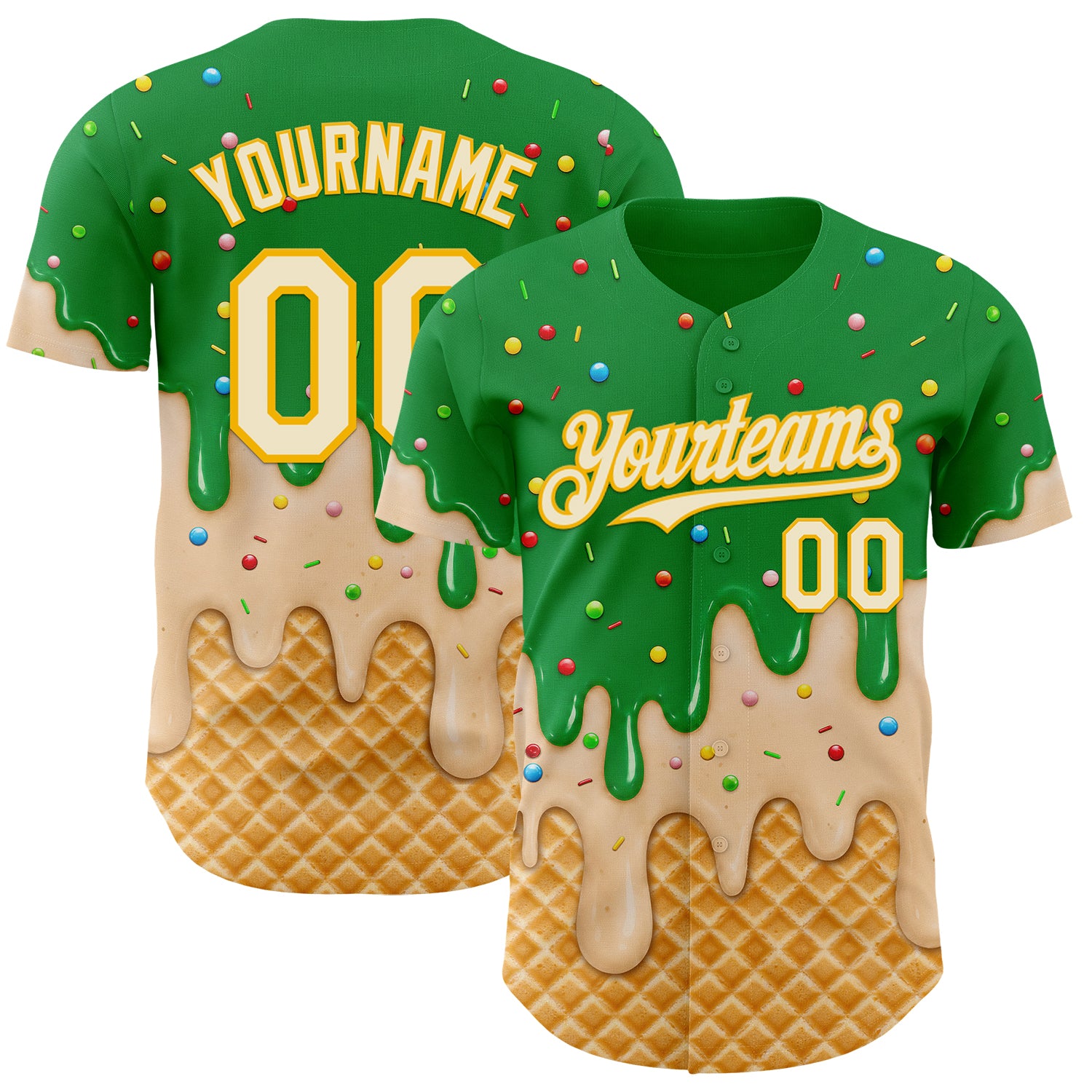 Custom Light Kelly Green Cream-Gold Ice Cream Waffle Foodie Dessert Authentic Baseball Jersey