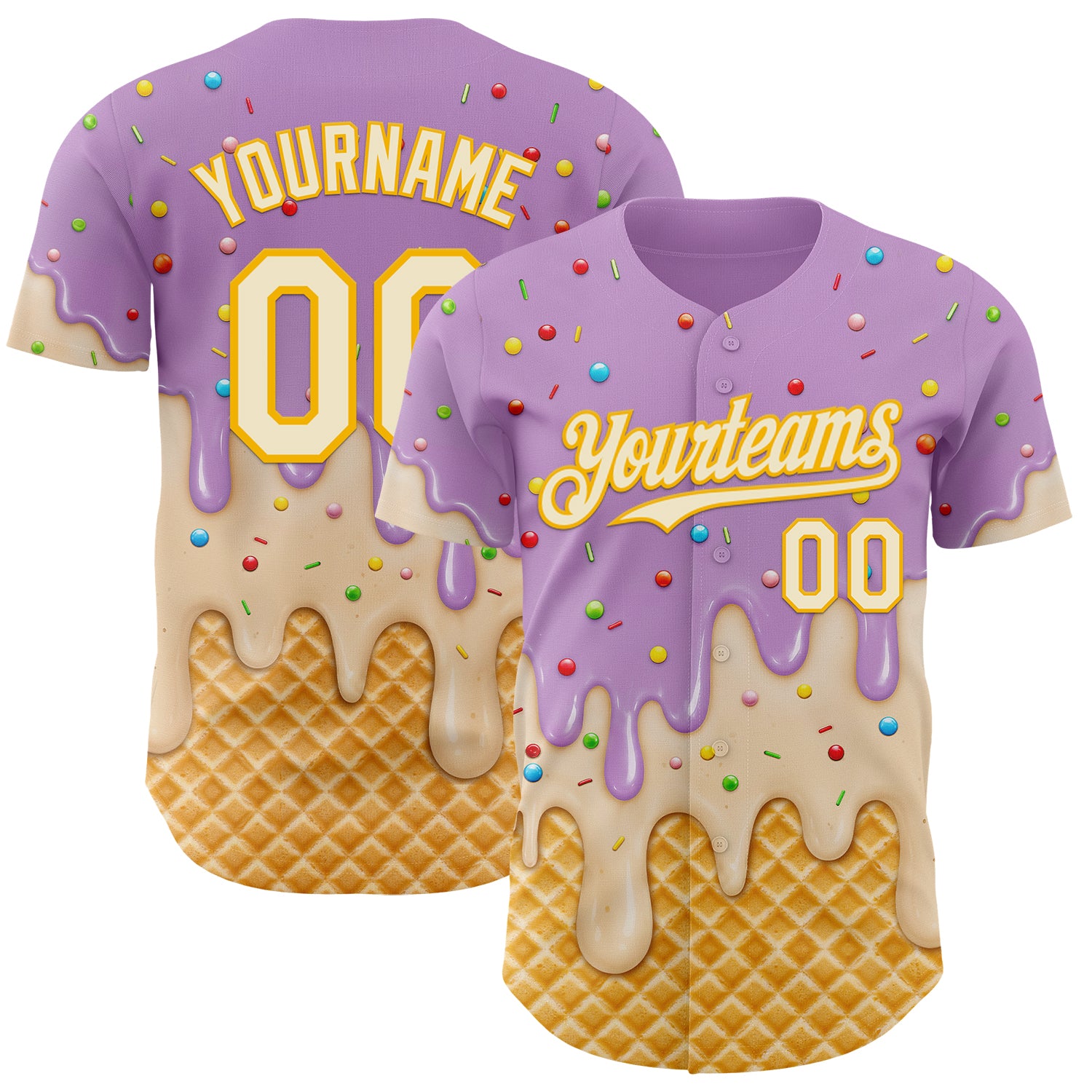 Custom Light Purple Cream-Gold Ice Cream Waffle Foodie Dessert Authentic Baseball Jersey
