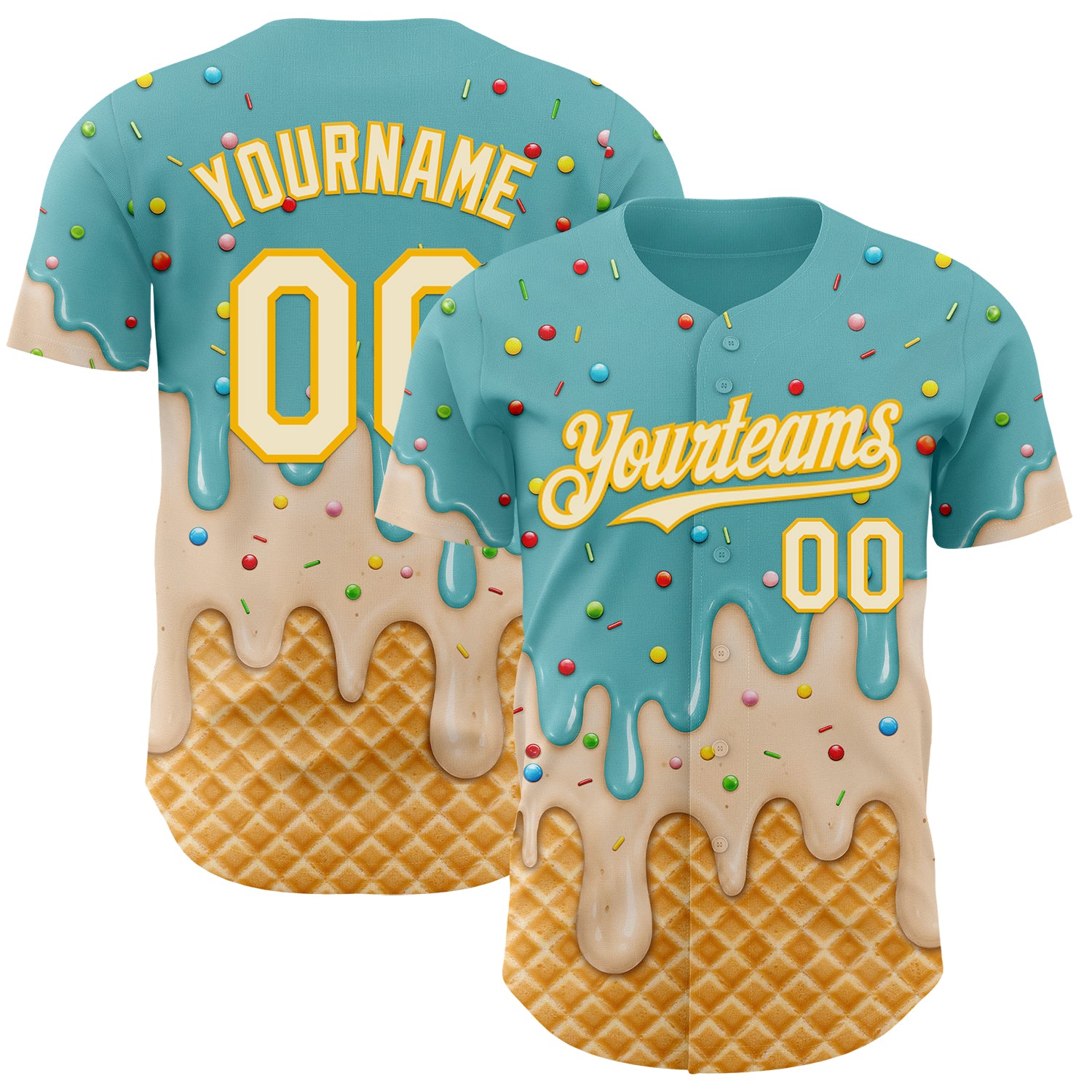 Custom Mint Aqua Cream-Gold Ice Cream Waffle Foodie Dessert Authentic Baseball Jersey