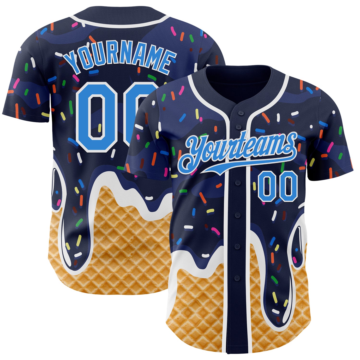 Custom Navy Electric Blue-White Ice Cream Waffle Foodie Dessert Authentic Baseball Jersey