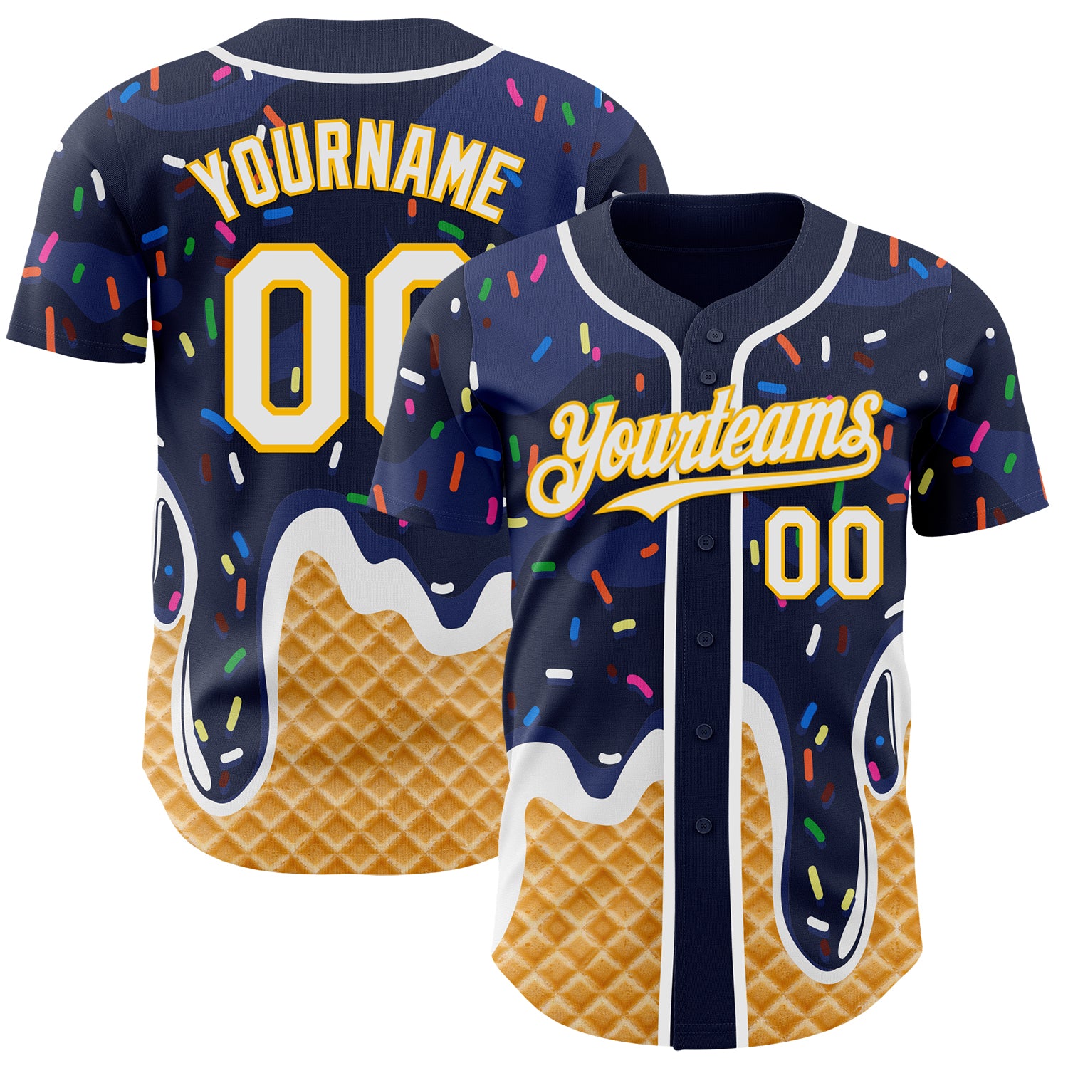 Custom Navy White-Gold Ice Cream Waffle Foodie Dessert Authentic Baseball Jersey