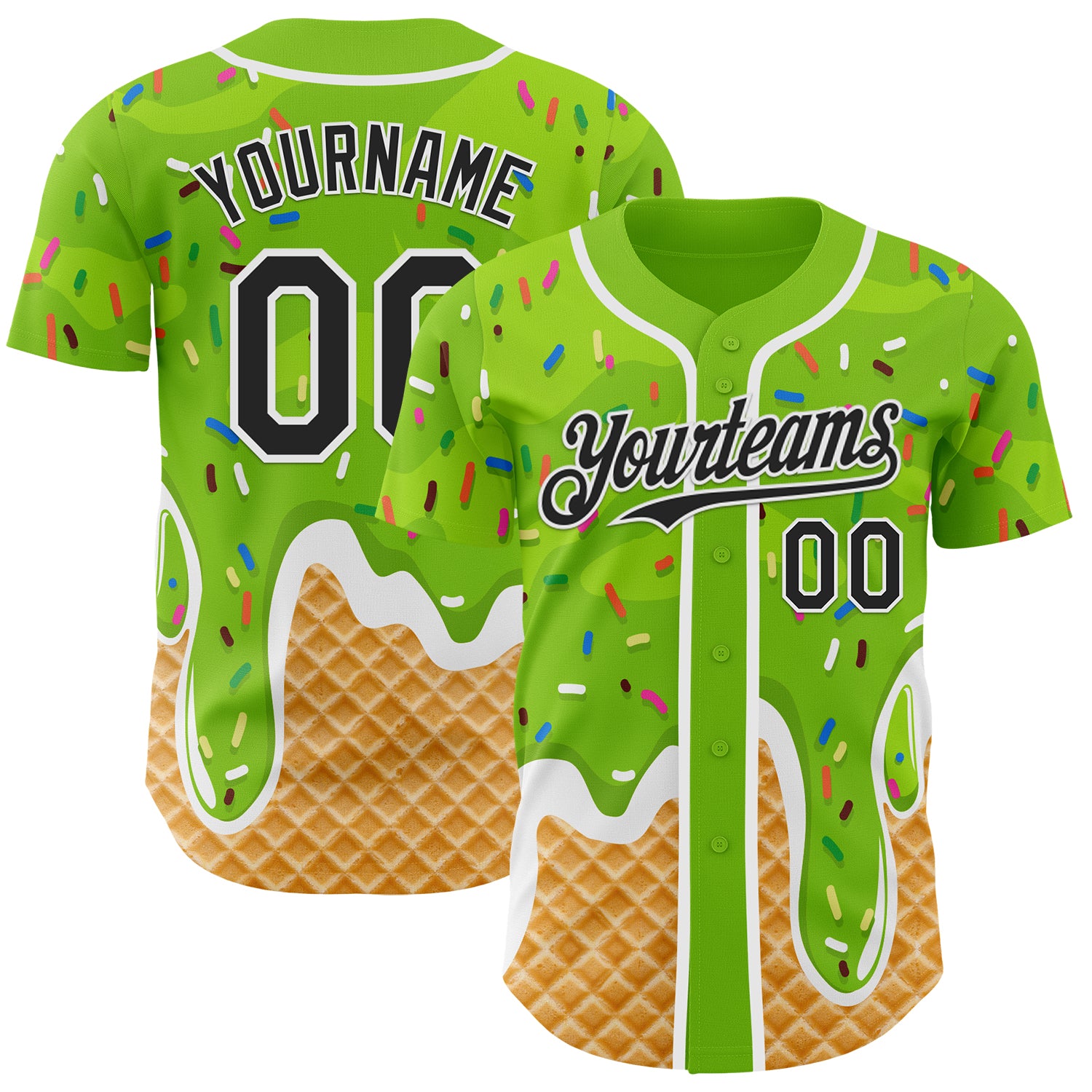 Custom Neon Green Black-White Ice Cream Waffle Foodie Dessert Authentic Baseball Jersey