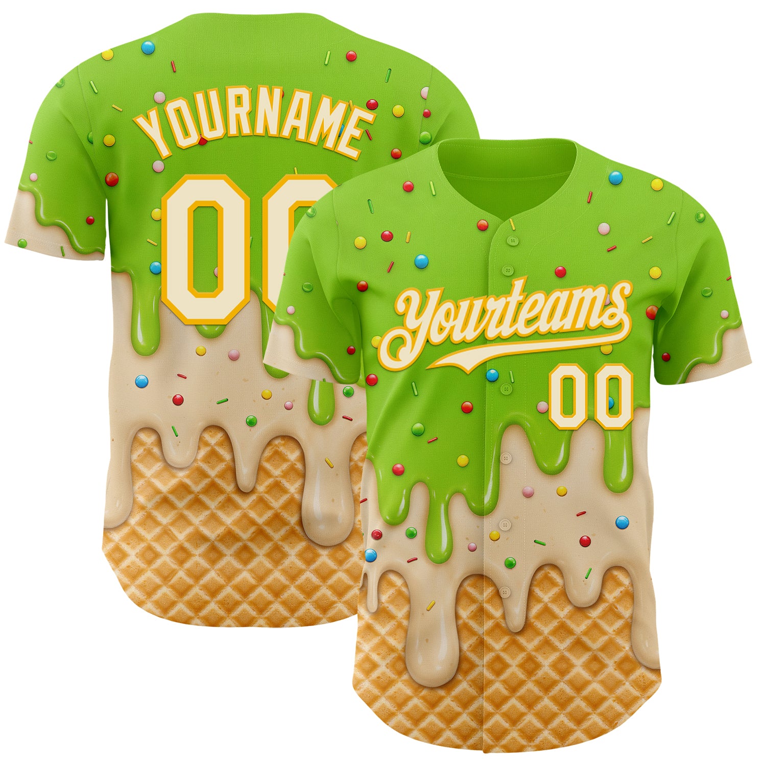 Custom Neon Green Cream-Gold Ice Cream Waffle Foodie Dessert Authentic Baseball Jersey