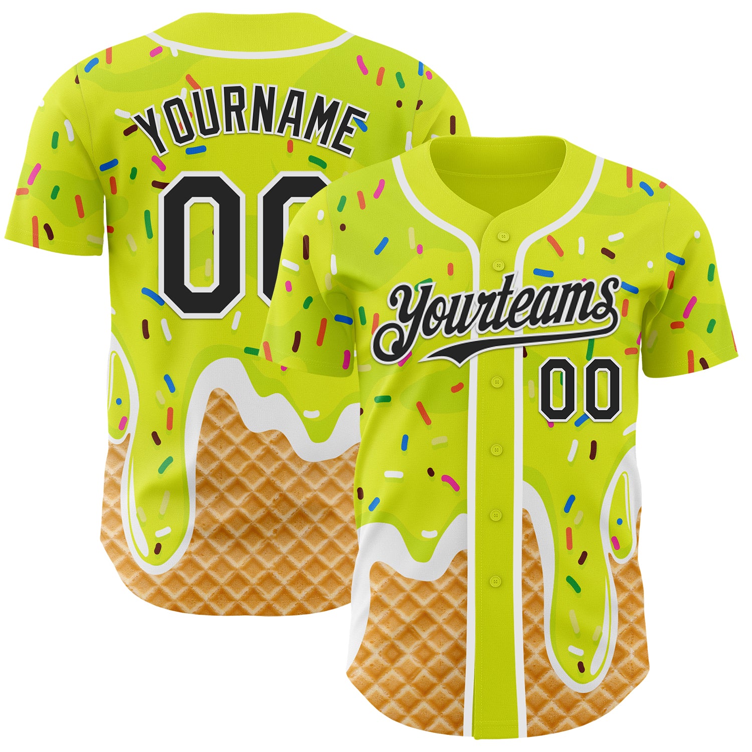 Custom Neon Yellow Black-White Ice Cream Waffle Foodie Dessert Authentic Baseball Jersey