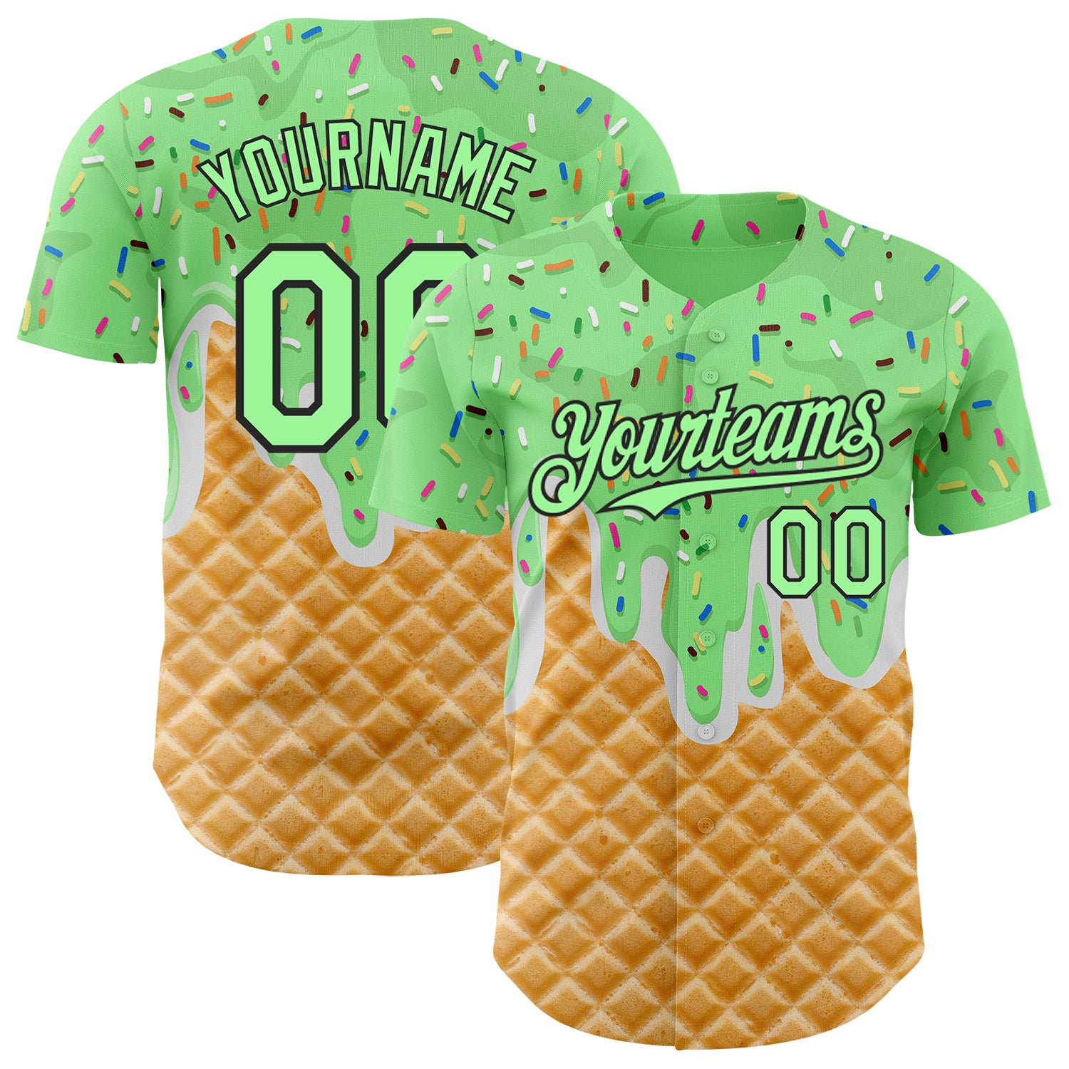 Custom Pea Green-Black Ice Cream Waffle Foodie Dessert Authentic Baseball Jersey