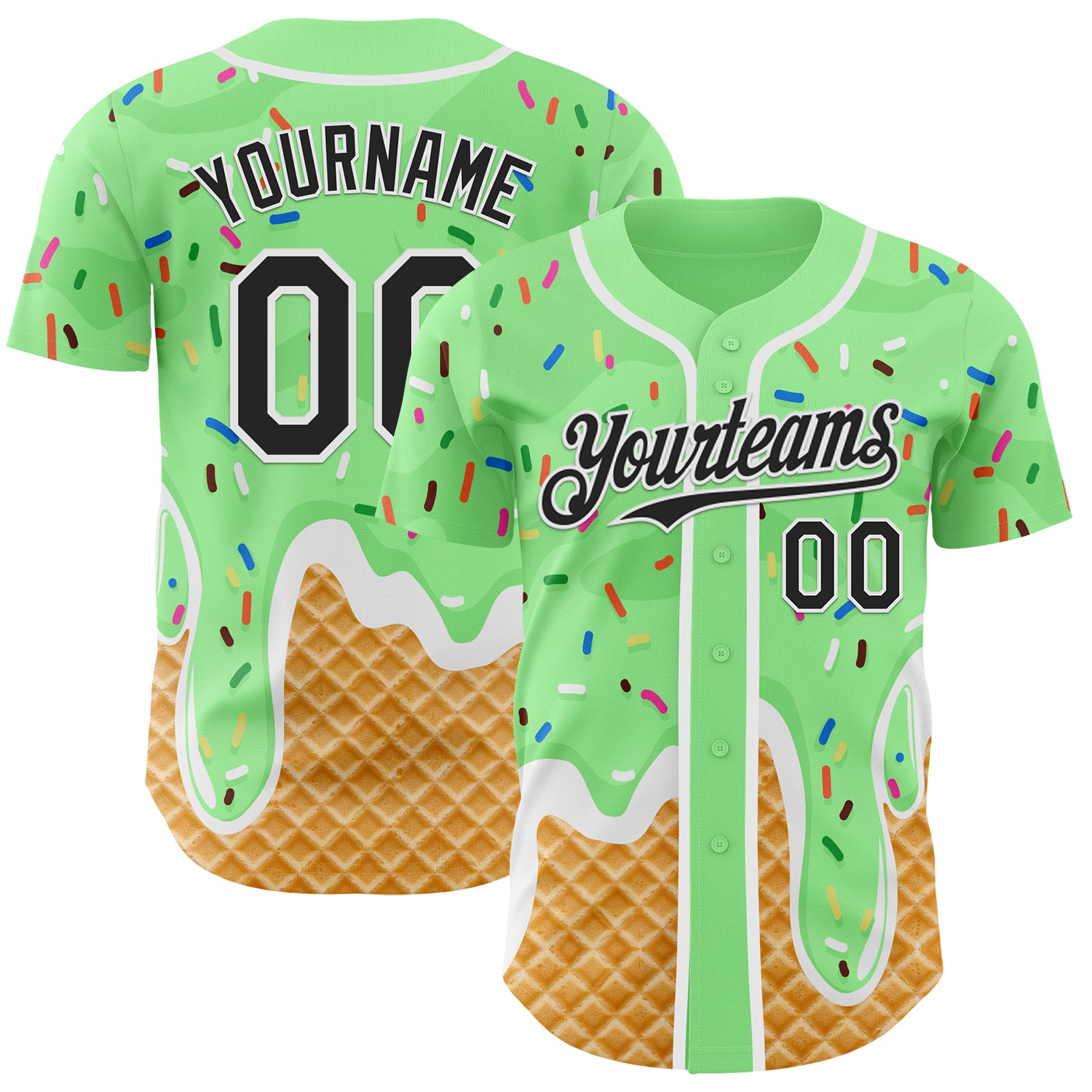 Custom Pea Green Black-White Ice Cream Waffle Foodie Dessert Authentic Baseball Jersey