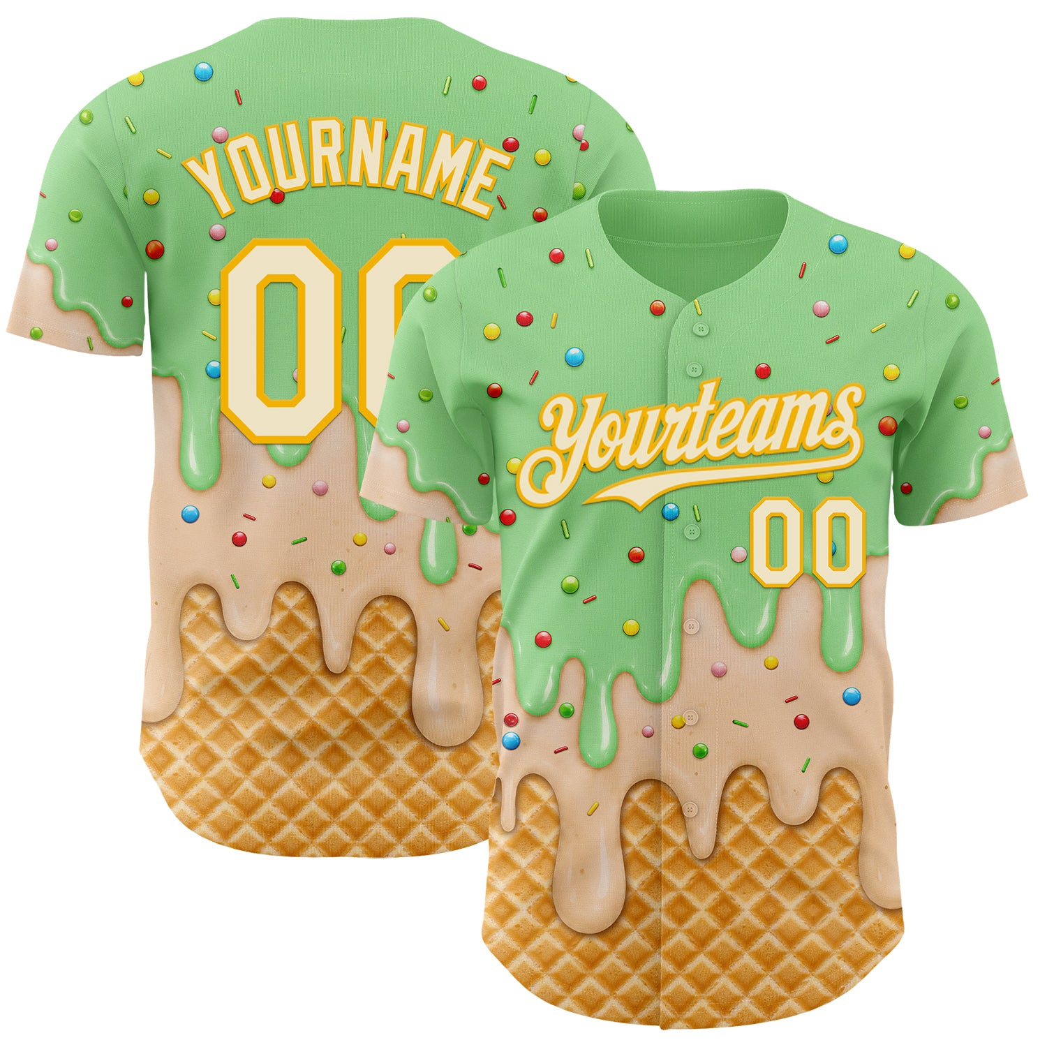 Custom Pea Green Cream-Gold Ice Cream Waffle Foodie Dessert Authentic Baseball Jersey