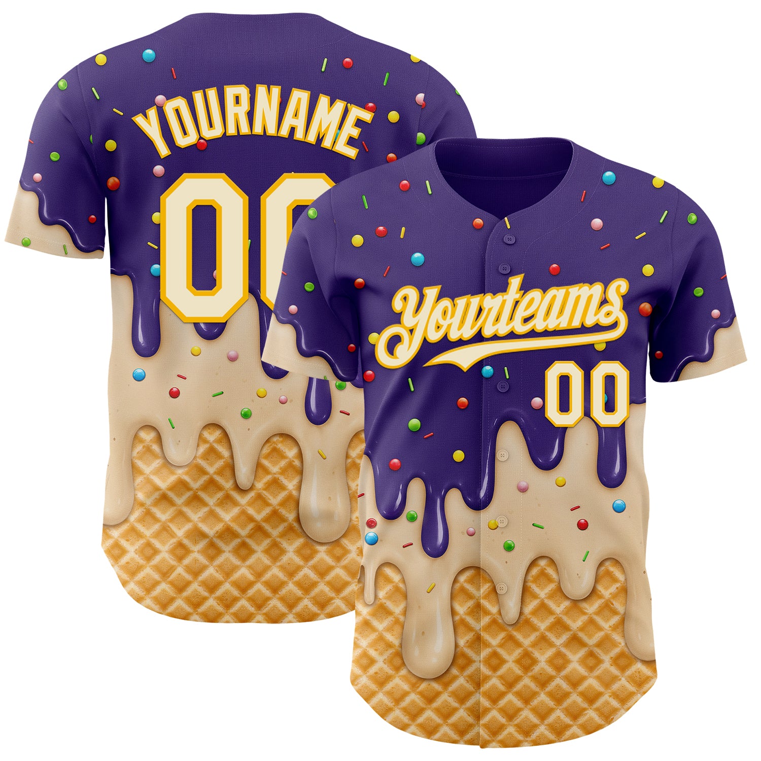 Custom Purple Cream-Gold Ice Cream Waffle Foodie Dessert Authentic Baseball Jersey