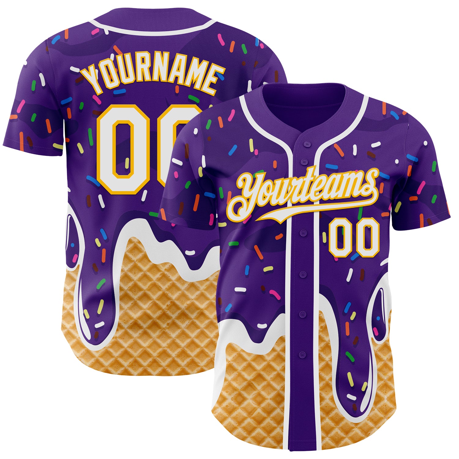 Custom Purple White-Gold Ice Cream Waffle Foodie Dessert Authentic Baseball Jersey