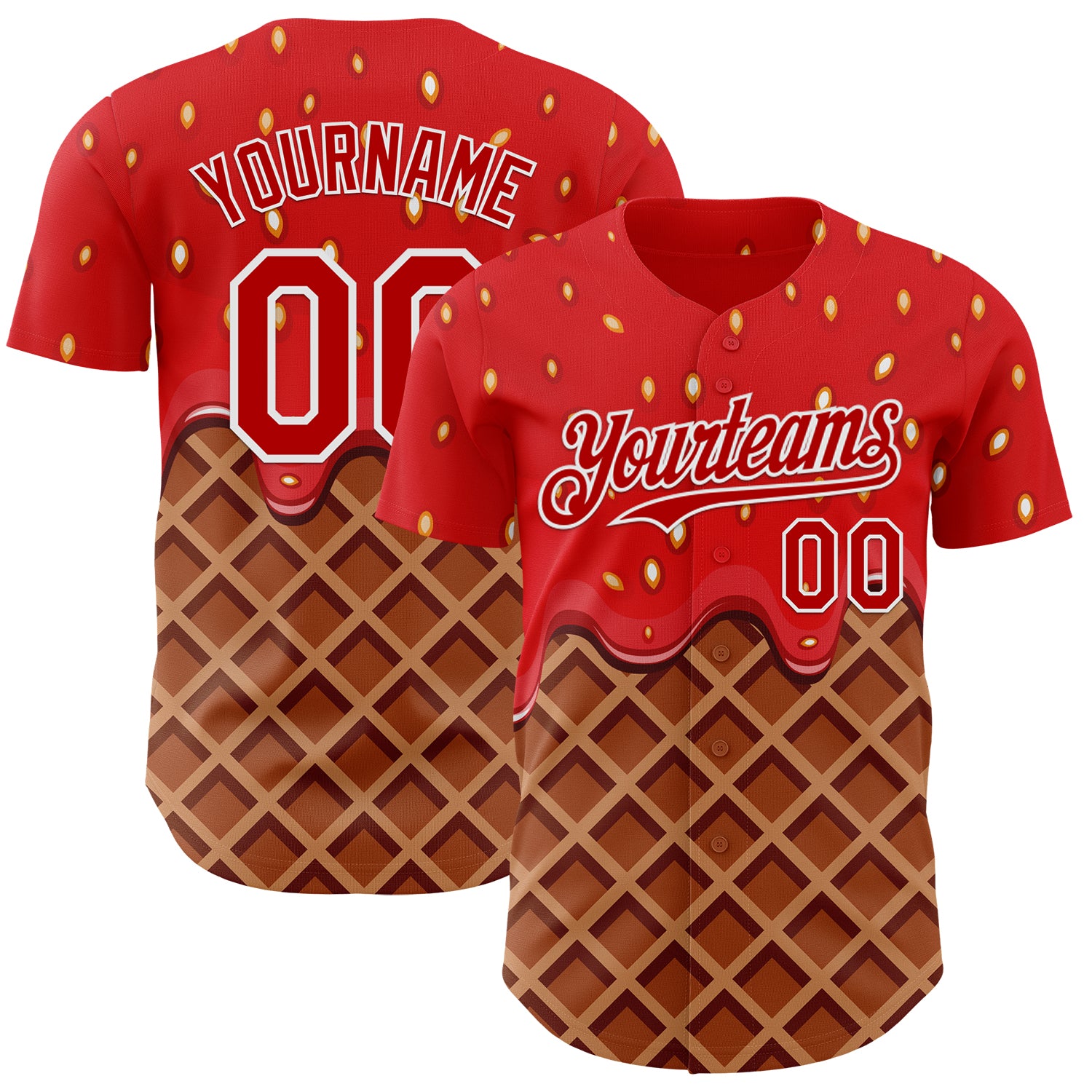 Custom Red Brown-White Foodie Food Dessert Melting Cream Waffle Grid Authentic Baseball Jersey