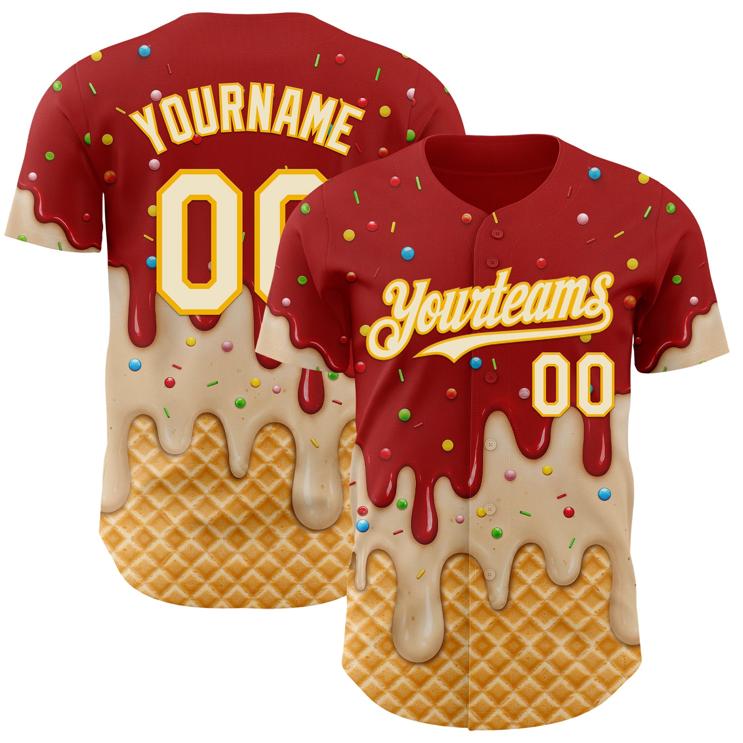 Custom Red Cream-Gold Ice Cream Waffle Foodie Dessert Authentic Baseball Jersey