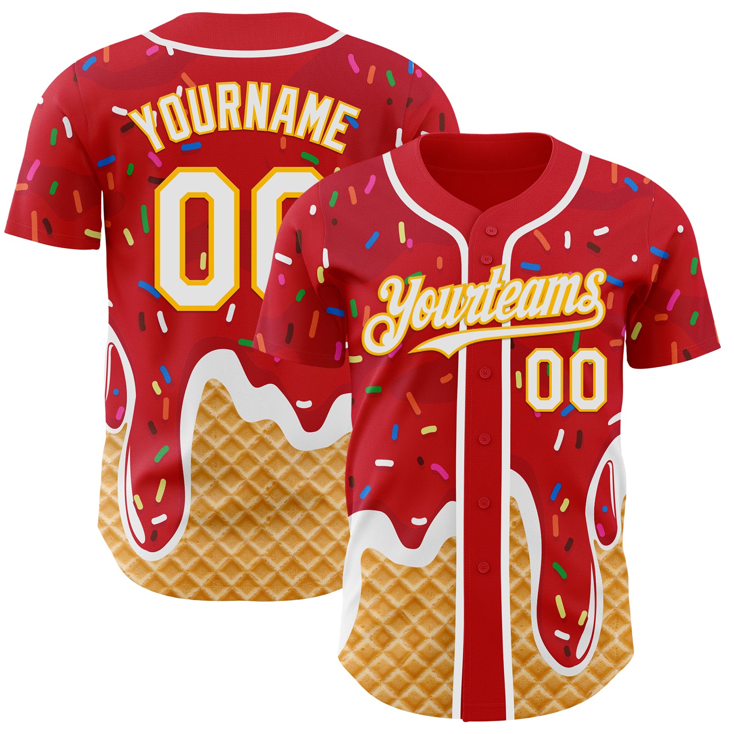 Custom Red White-Gold Ice Cream Waffle Foodie Dessert Authentic Baseball Jersey