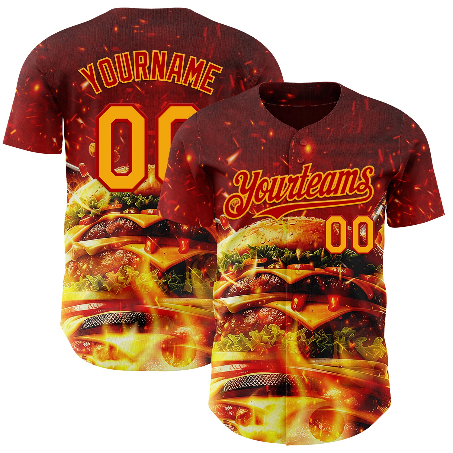 Custom Red-Yellow Foodie Fast Food Burger Authentic Baseball Jersey