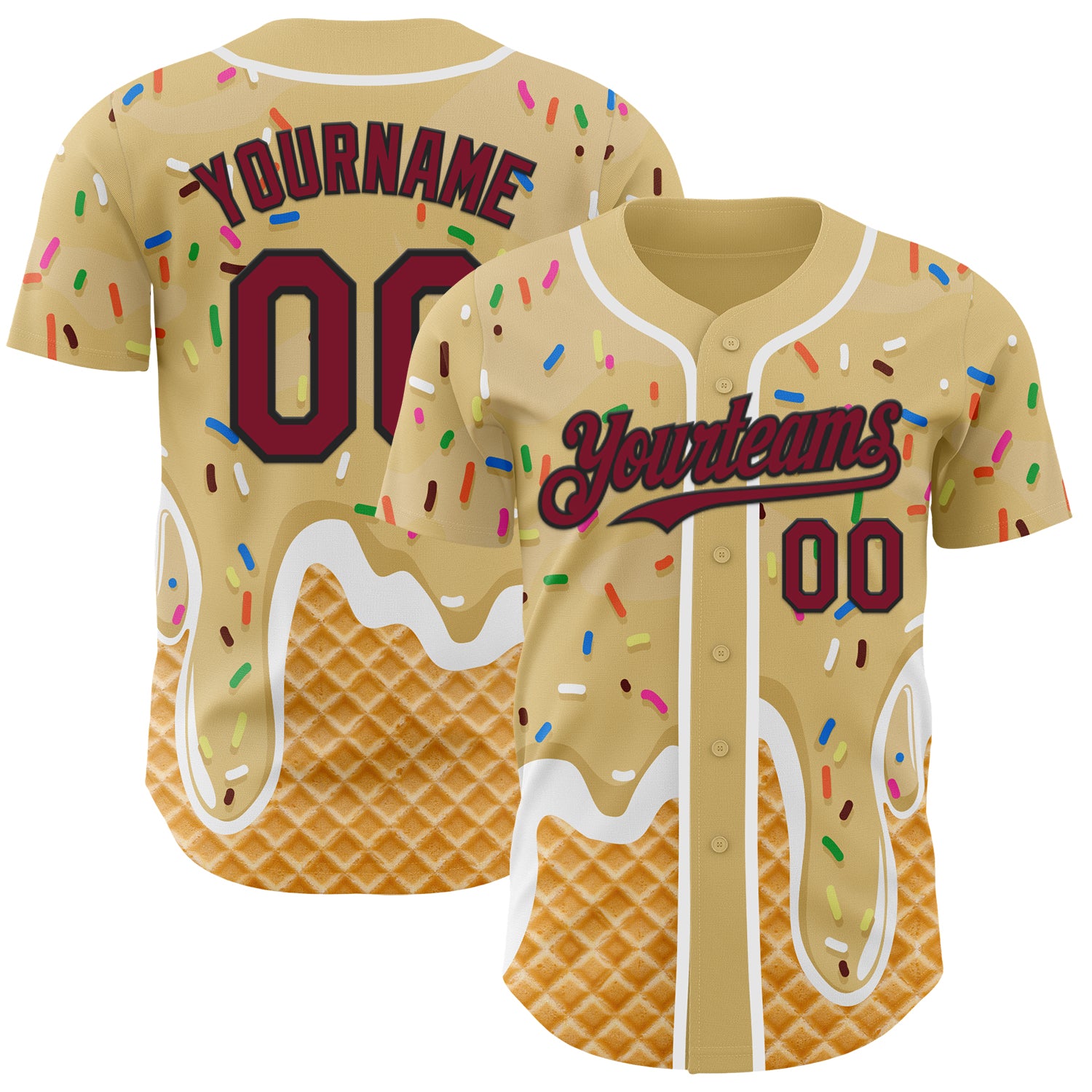 Custom Sand Crimson Black-White Ice Cream Waffle Foodie Dessert Authentic Baseball Jersey