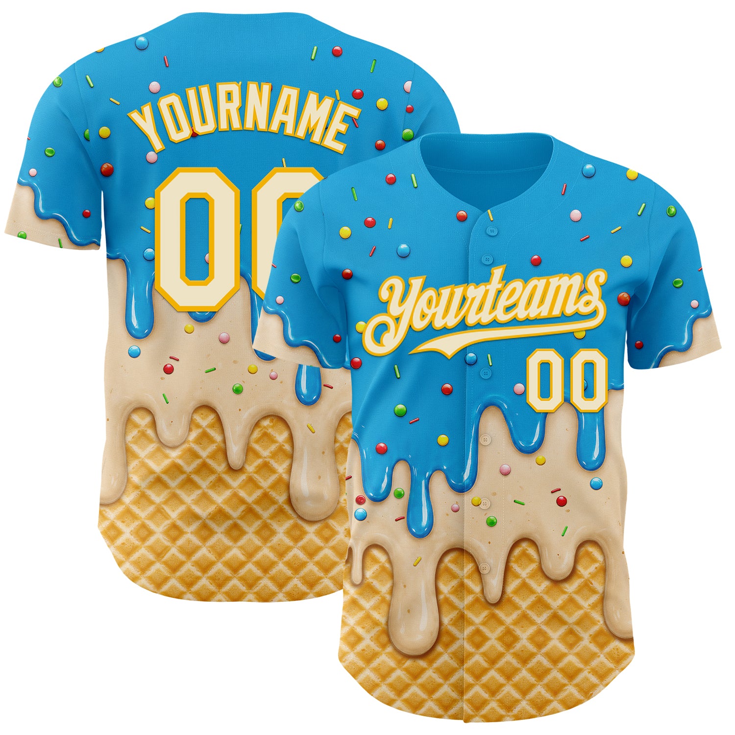 Custom Sky Blue Cream-Gold Ice Cream Waffle Foodie Dessert Authentic Baseball Jersey