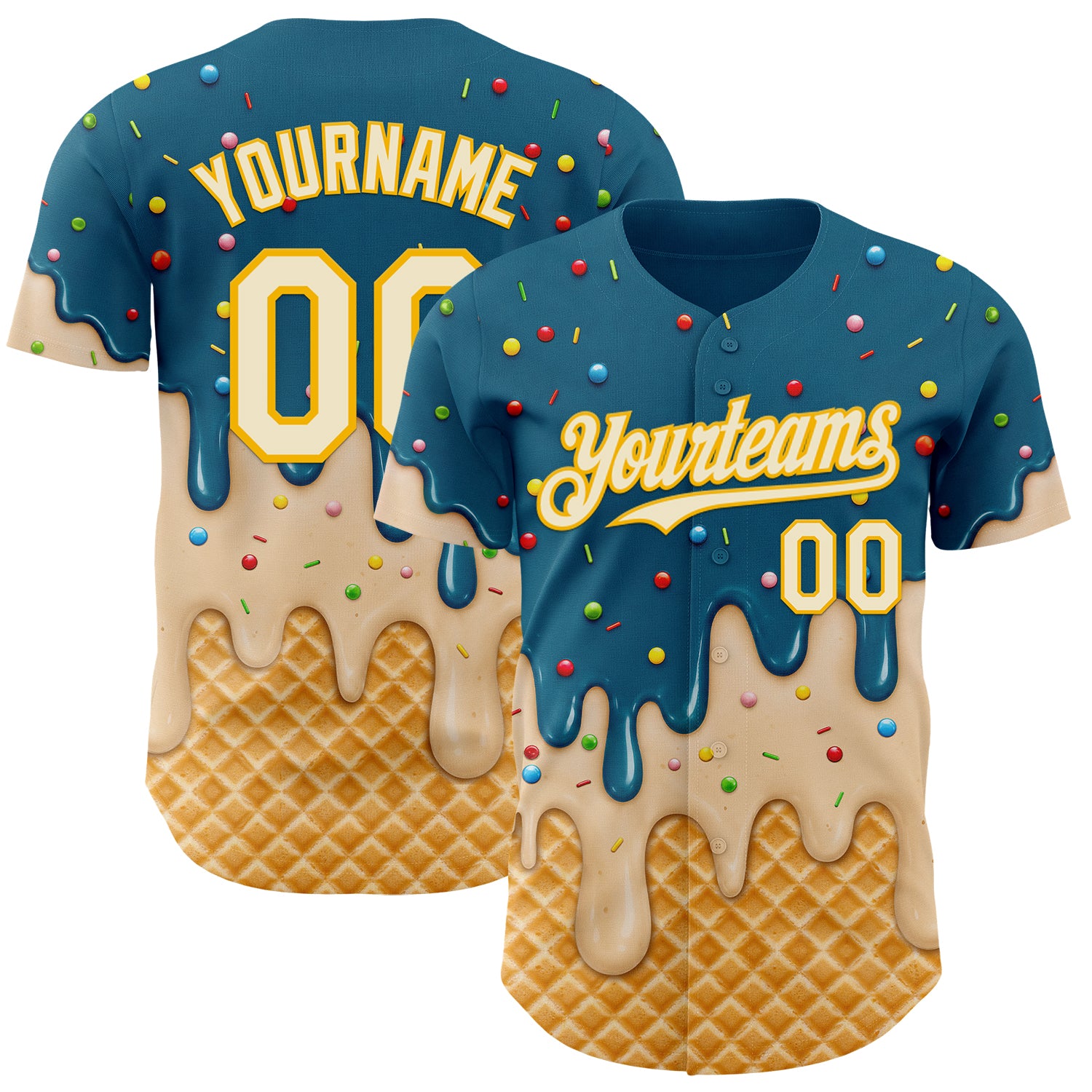 Custom Teal Cream-Gold Ice Cream Waffle Foodie Dessert Authentic Baseball Jersey