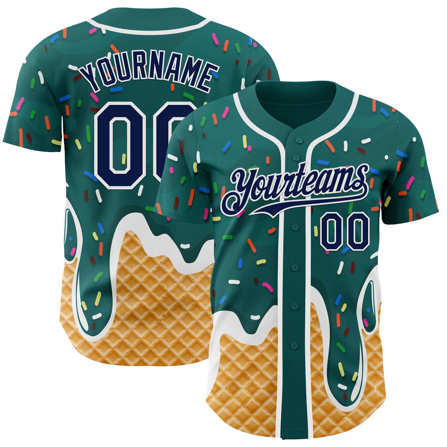 Custom Teal Navy-White Ice Cream Waffle Foodie Dessert Authentic Baseball Jersey