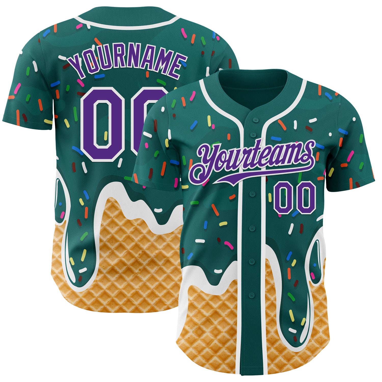 Custom Teal Purple-White Ice Cream Waffle Foodie Dessert Authentic Baseball Jersey