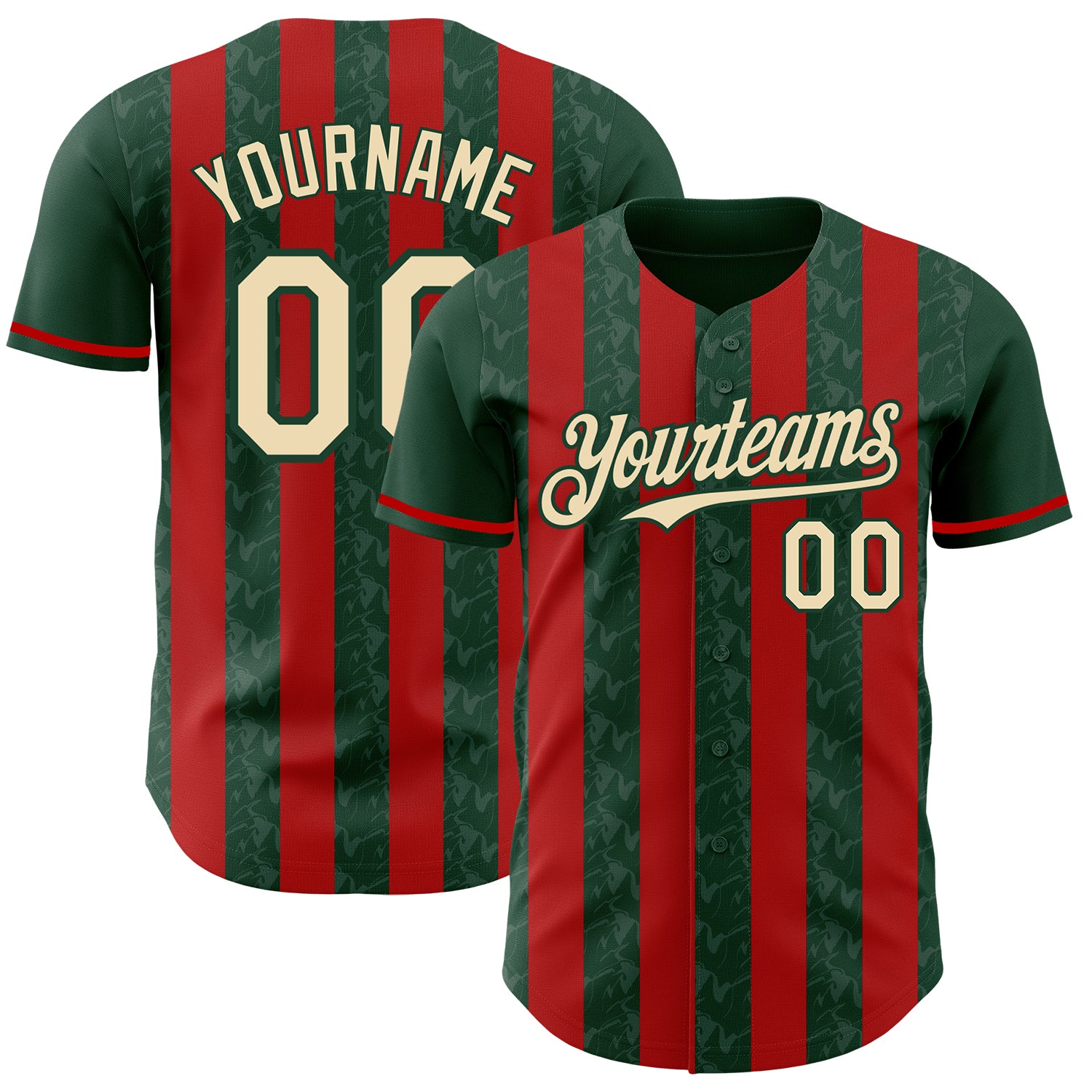 Custom Green Cream-Red Classic Vertical Stripe Fluid Liquid Texture Authentic Baseball Jersey