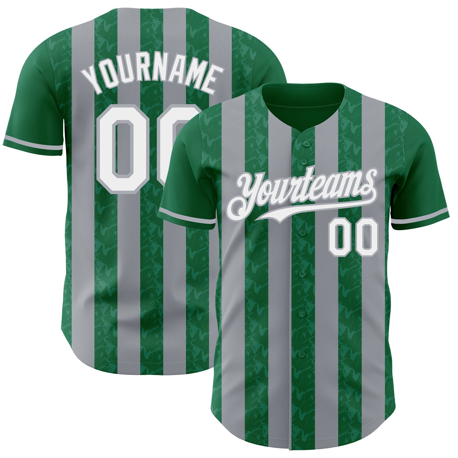 Custom Kelly Green White-Gray Classic Vertical Stripe Fluid Liquid Texture Authentic Baseball Jersey