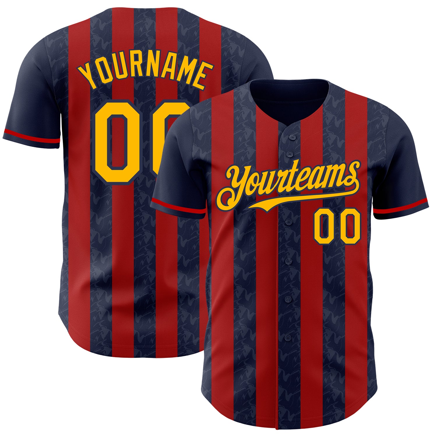 Custom Navy Gold-Red Classic Vertical Stripe Fluid Liquid Texture Authentic Baseball Jersey