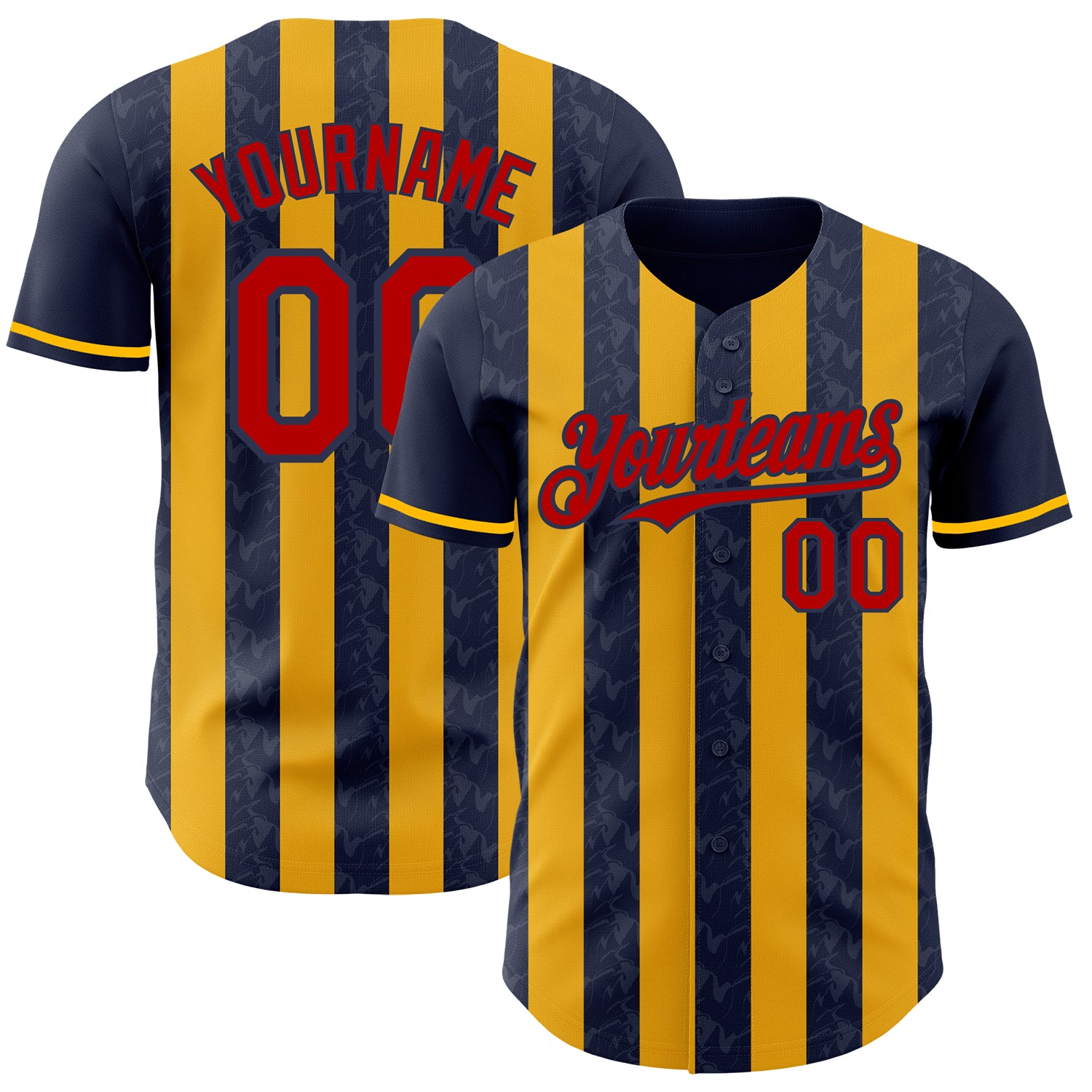 Custom Navy Red-Gold Classic Vertical Stripe Fluid Liquid Texture Authentic Baseball Jersey