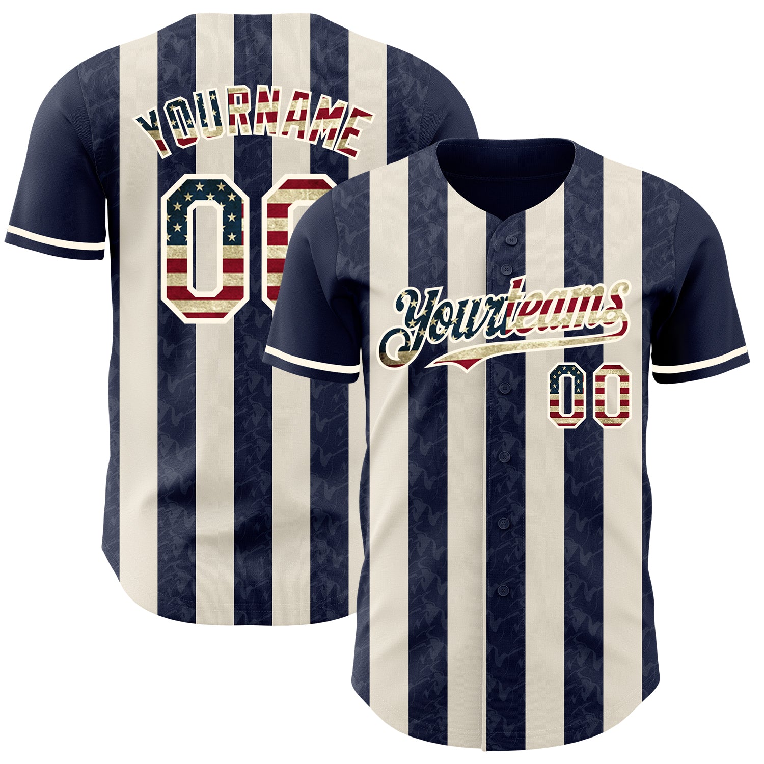 Custom Navy Vintage USA Flag Cream-Cream Classic Vertical Stripe Fluid Liquid Texture Authentic Baseball Jersey