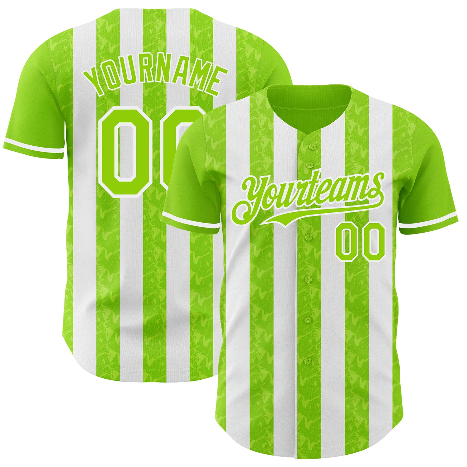 Custom Neon Green-White Classic Vertical Stripe Fluid Liquid Texture Authentic Baseball Jersey