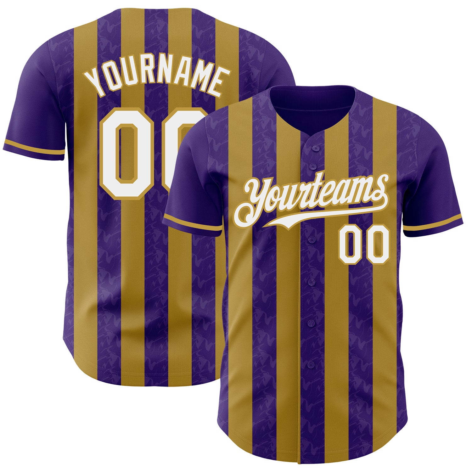 Custom Purple White-Old Gold Classic Vertical Stripe Fluid Liquid Texture Authentic Baseball Jersey