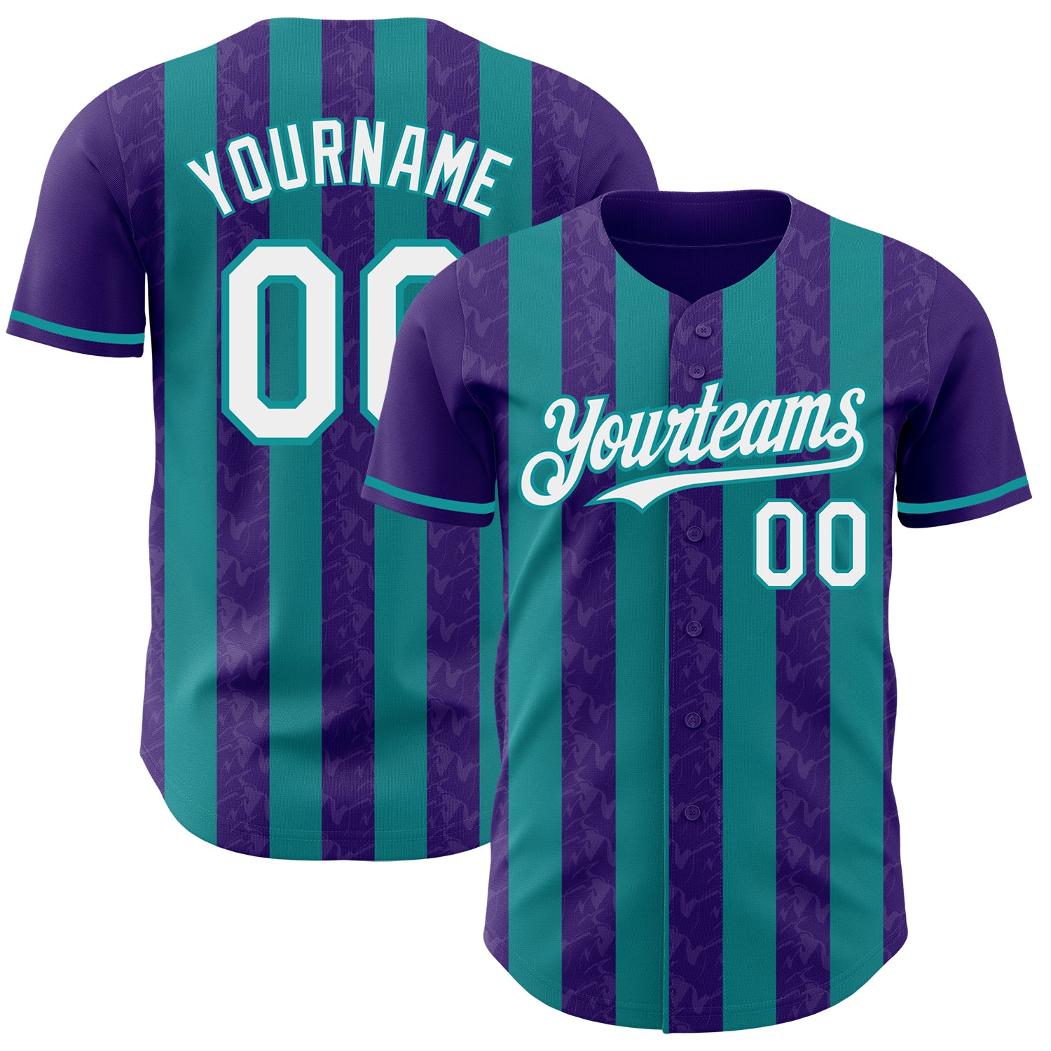 Custom Purple White-Teal Classic Vertical Stripe Fluid Liquid Texture Authentic Baseball Jersey