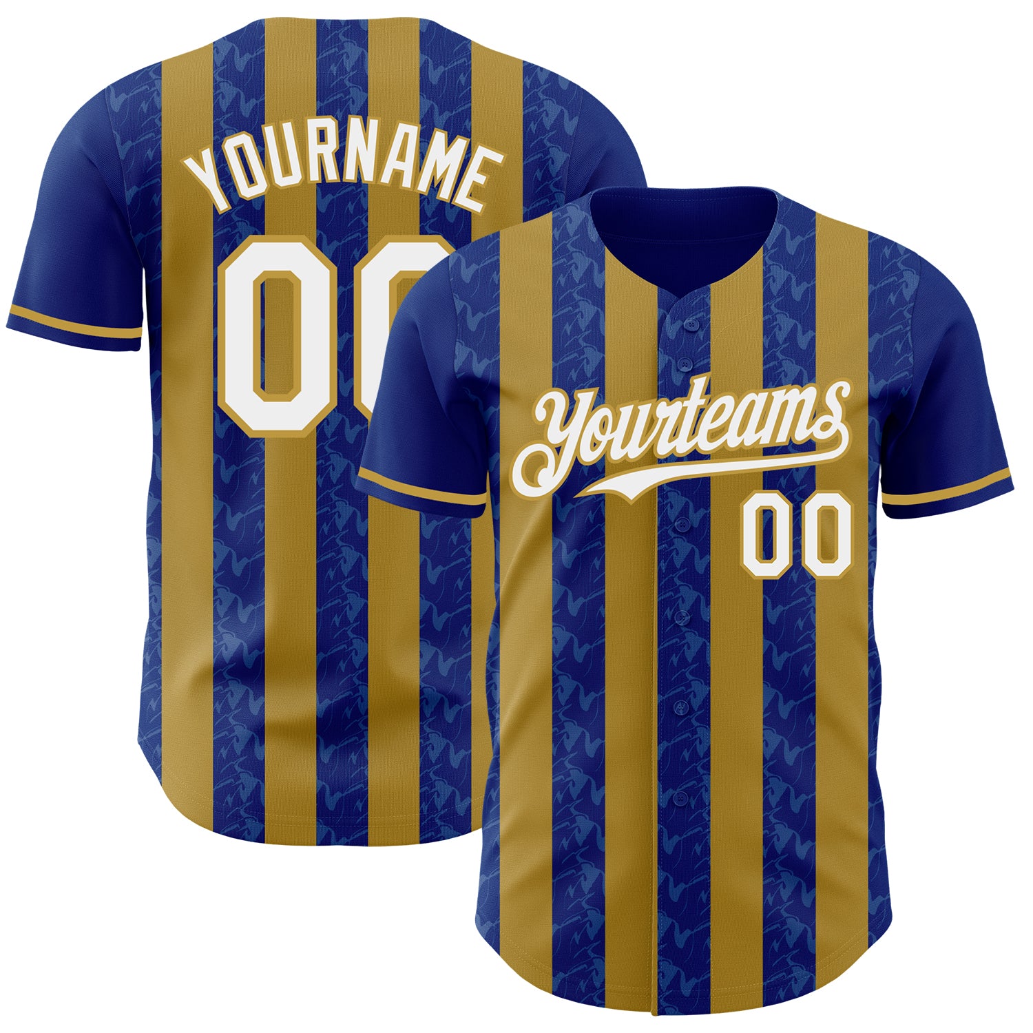 Custom Royal White-Old Gold Classic Vertical Stripe Fluid Liquid Texture Authentic Baseball Jersey