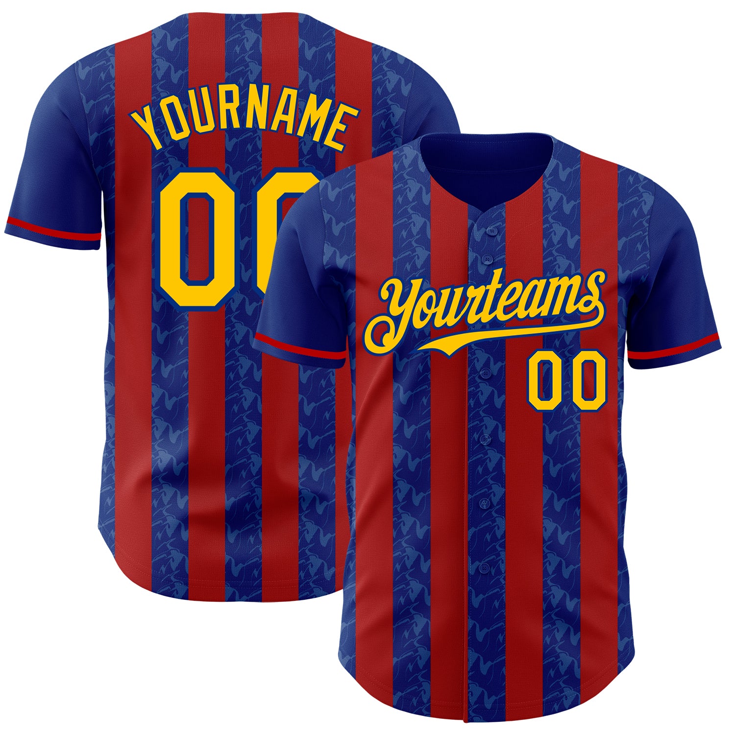 Custom Royal Yellow-Red Classic Vertical Stripe Fluid Liquid Texture Authentic Baseball Jersey