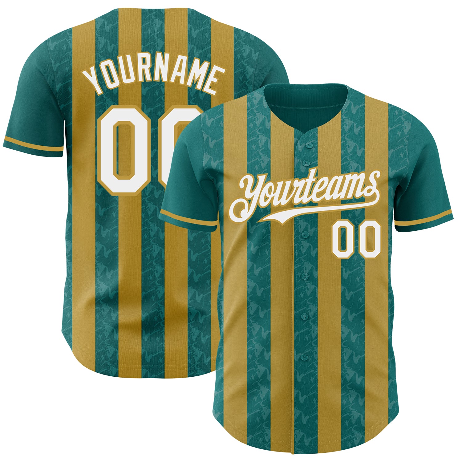 Custom Teal White-Old Gold Classic Vertical Stripe Fluid Liquid Texture Authentic Baseball Jersey