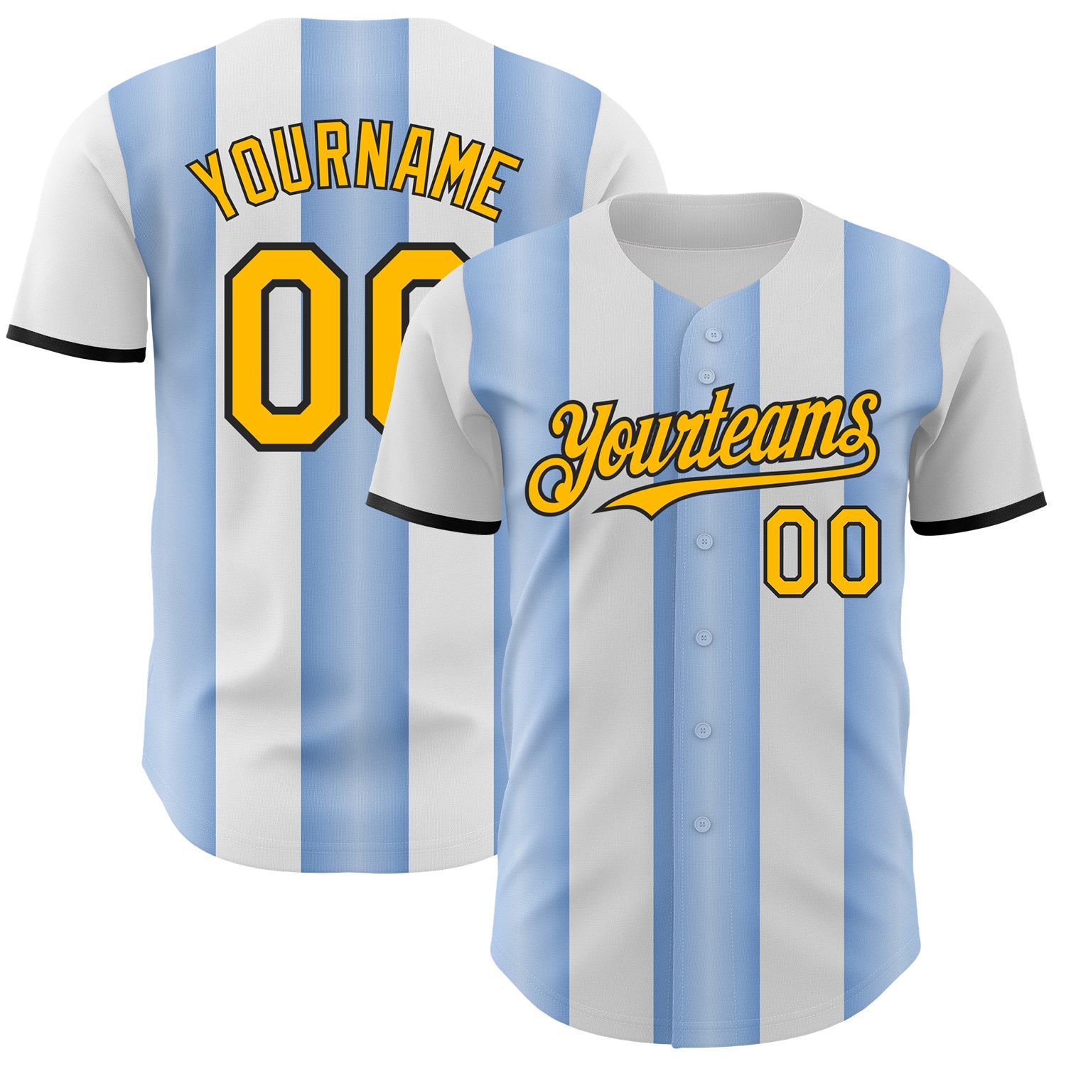 Custom White Gold Light Blue-Black Gradient Vertical Stripe Argentina Style Authentic Baseball Jersey