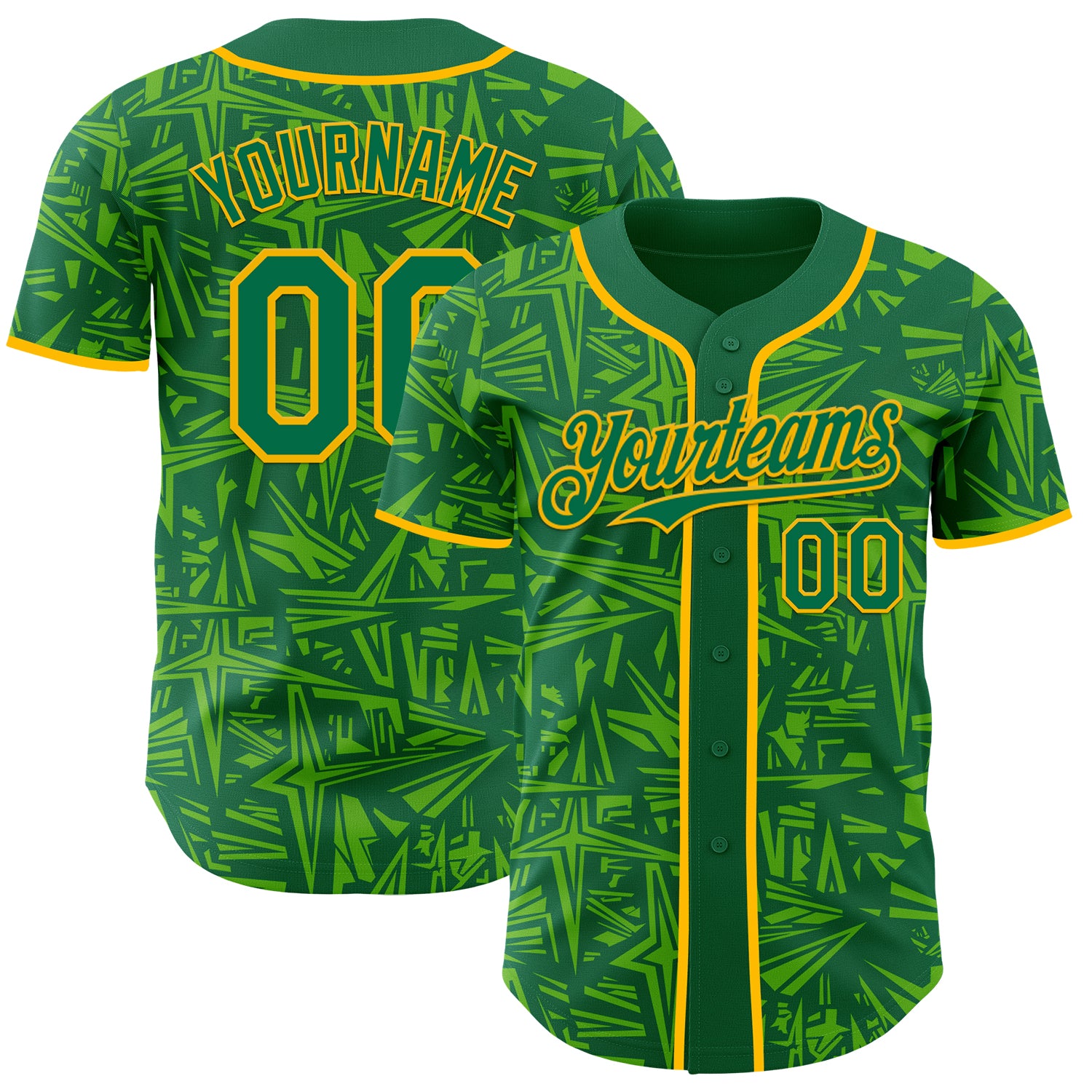Custom Kelly Green Aurora Green-Gold Geometric Cyber Starburst Authentic Baseball Jersey
